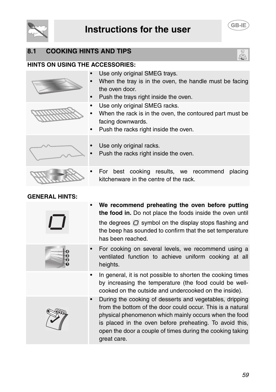 1 cooking hints and tips, Instructions for the user | Smeg SCP111-1 User Manual | Page 19 / 38