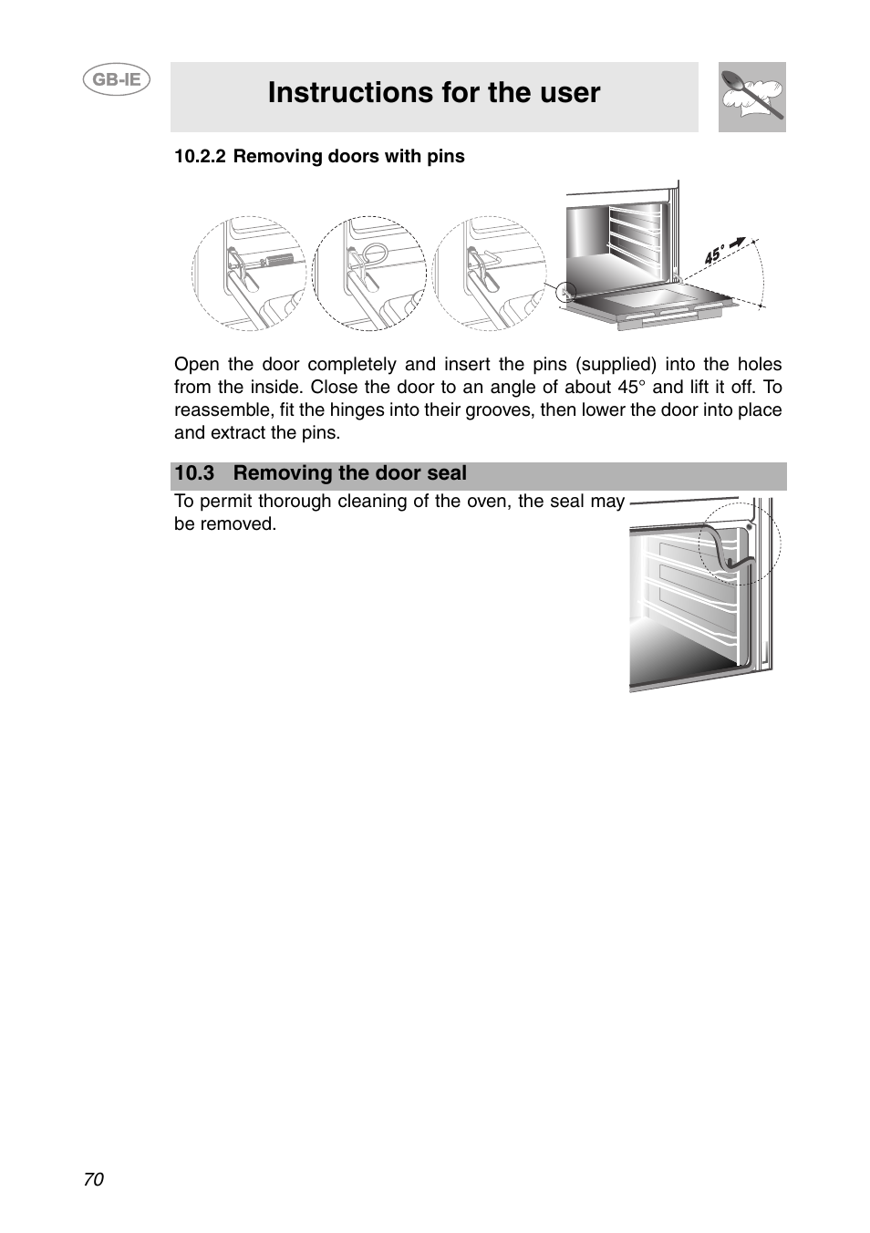 2 removing doors with pins, 3 removing the door seal, Instructions for the user | Smeg SCP111-1 User Manual | Page 30 / 38