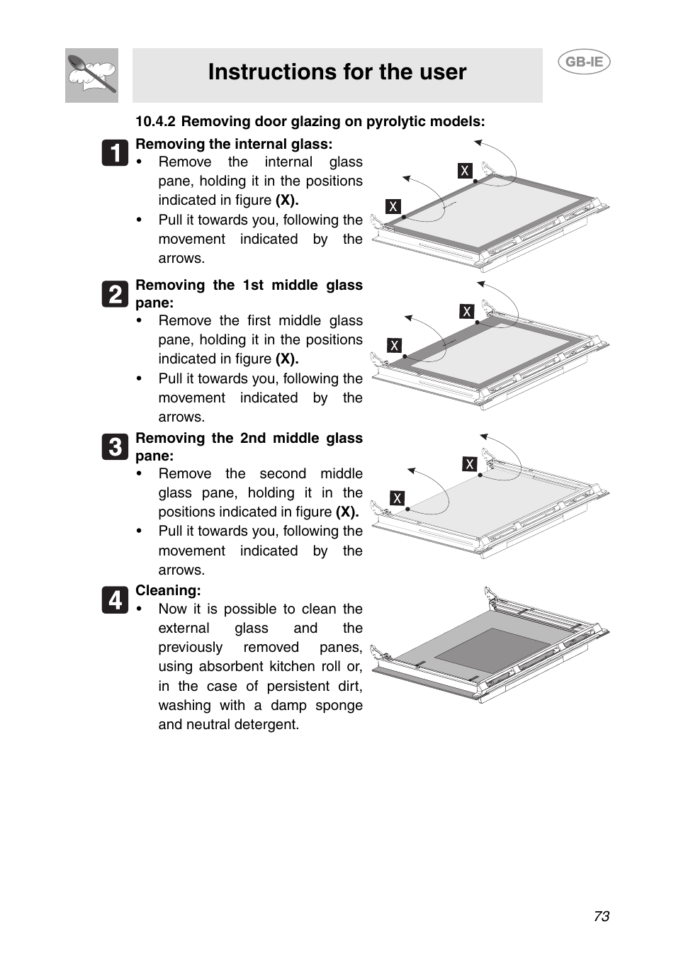 2 removing door glazing on pyrolytic models, Instructions for the user | Smeg SCP111-1 User Manual | Page 33 / 38
