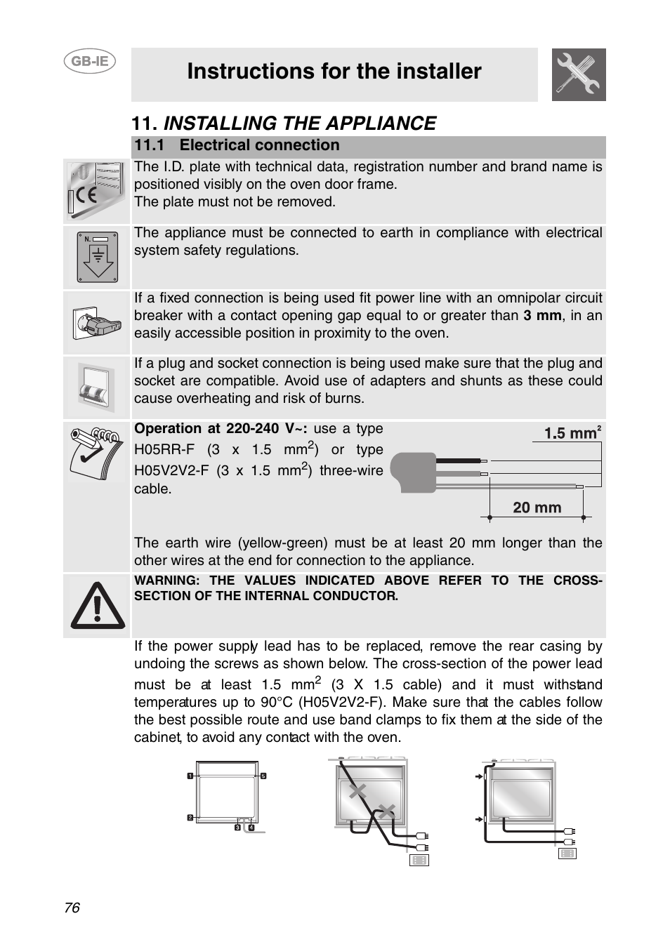 Installing the appliance, 1 electrical connection, Instructions for the installer | Smeg SCP111-1 User Manual | Page 36 / 38