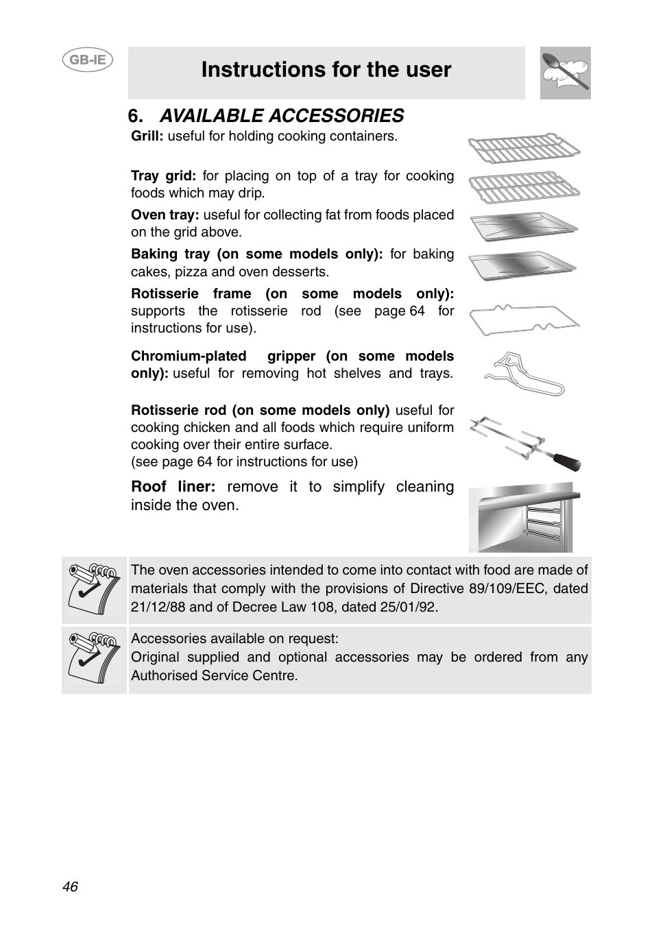 Available accessories, Instructions for the user | Smeg SCP111-1 User Manual | Page 6 / 38