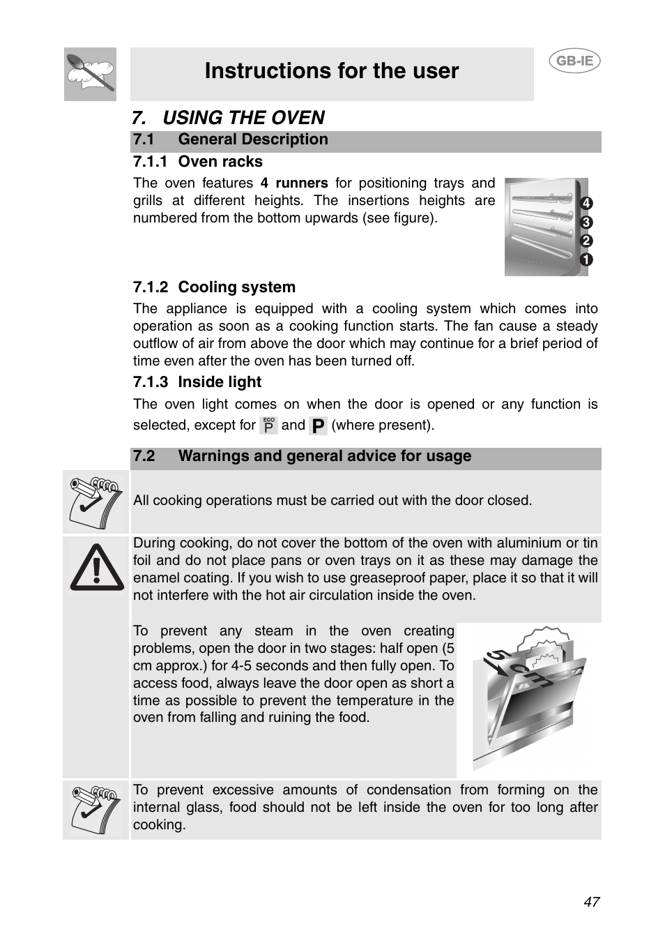 Using the oven, 1 general description, 1 oven racks | 2 cooling system, 3 inside light, 2 warnings and general advice for usage, Instructions for the user | Smeg SCP111-1 User Manual | Page 7 / 38