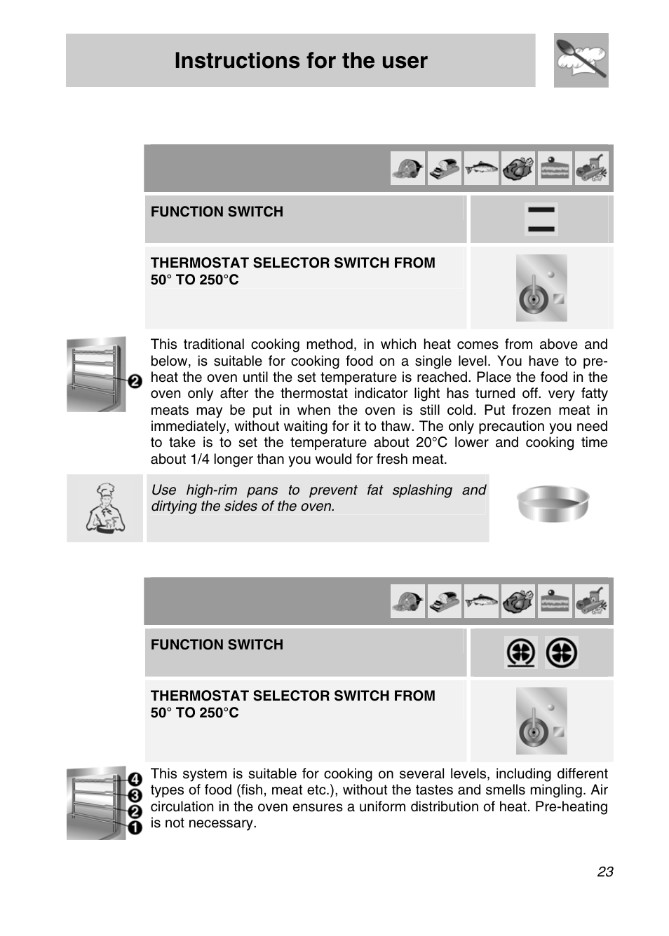 Instructions for the user, Cooking hints, 1 traditional cooking | 2 hot-air cooking (main oven), Function switch | Smeg CSA19ID-6 User Manual | Page 21 / 32