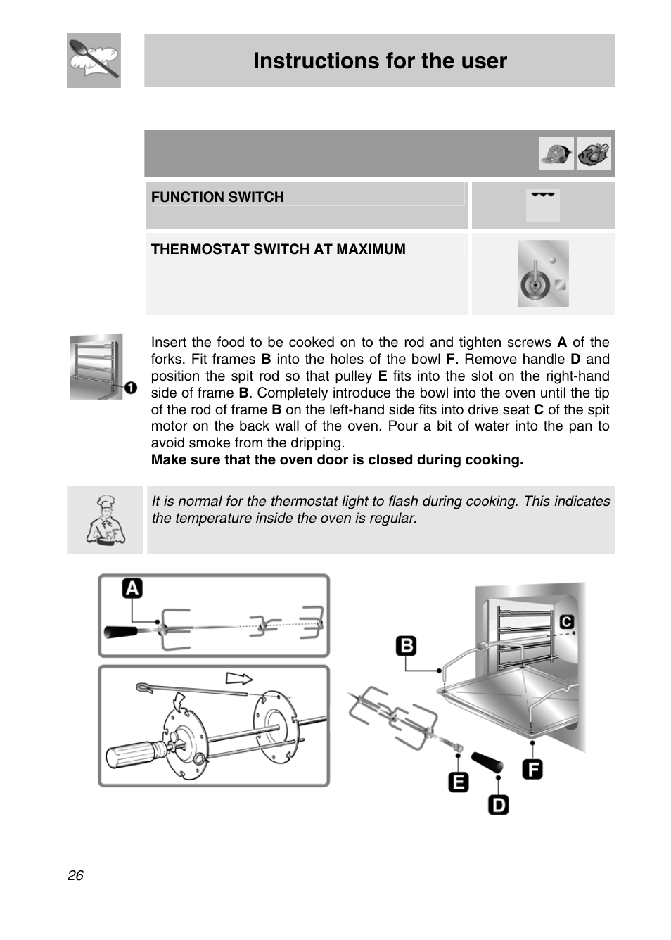 Instructions for the user, Function switch, Thermostat switch at maximum | Smeg CSA19ID-6 User Manual | Page 24 / 32