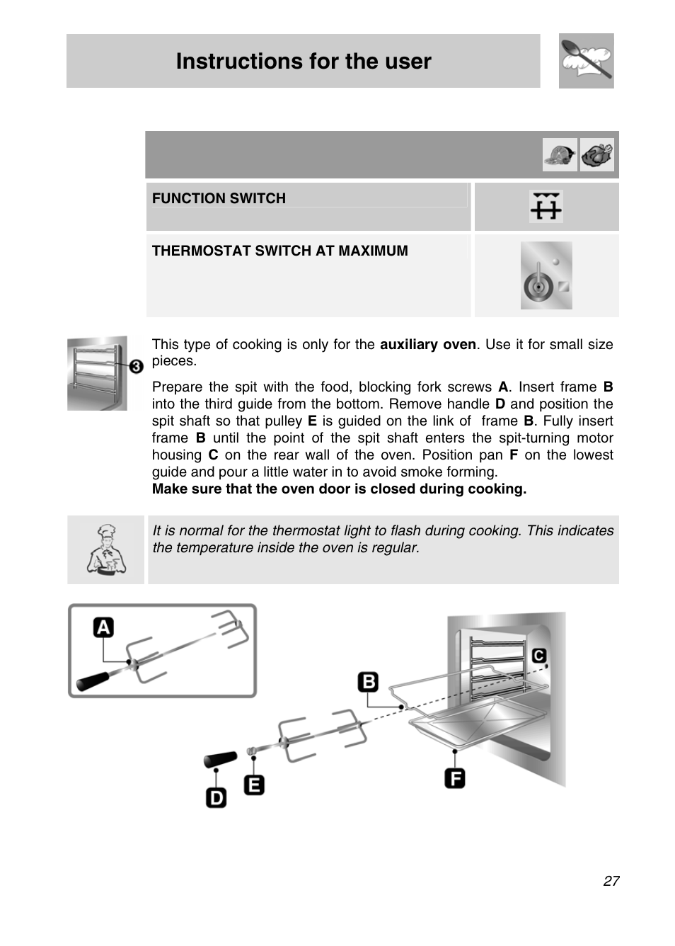 Instructions for the user, 8 spit cooking (auxiliary oven of model csa20), Function switch | Thermostat switch at maximum | Smeg CSA19ID-6 User Manual | Page 25 / 32