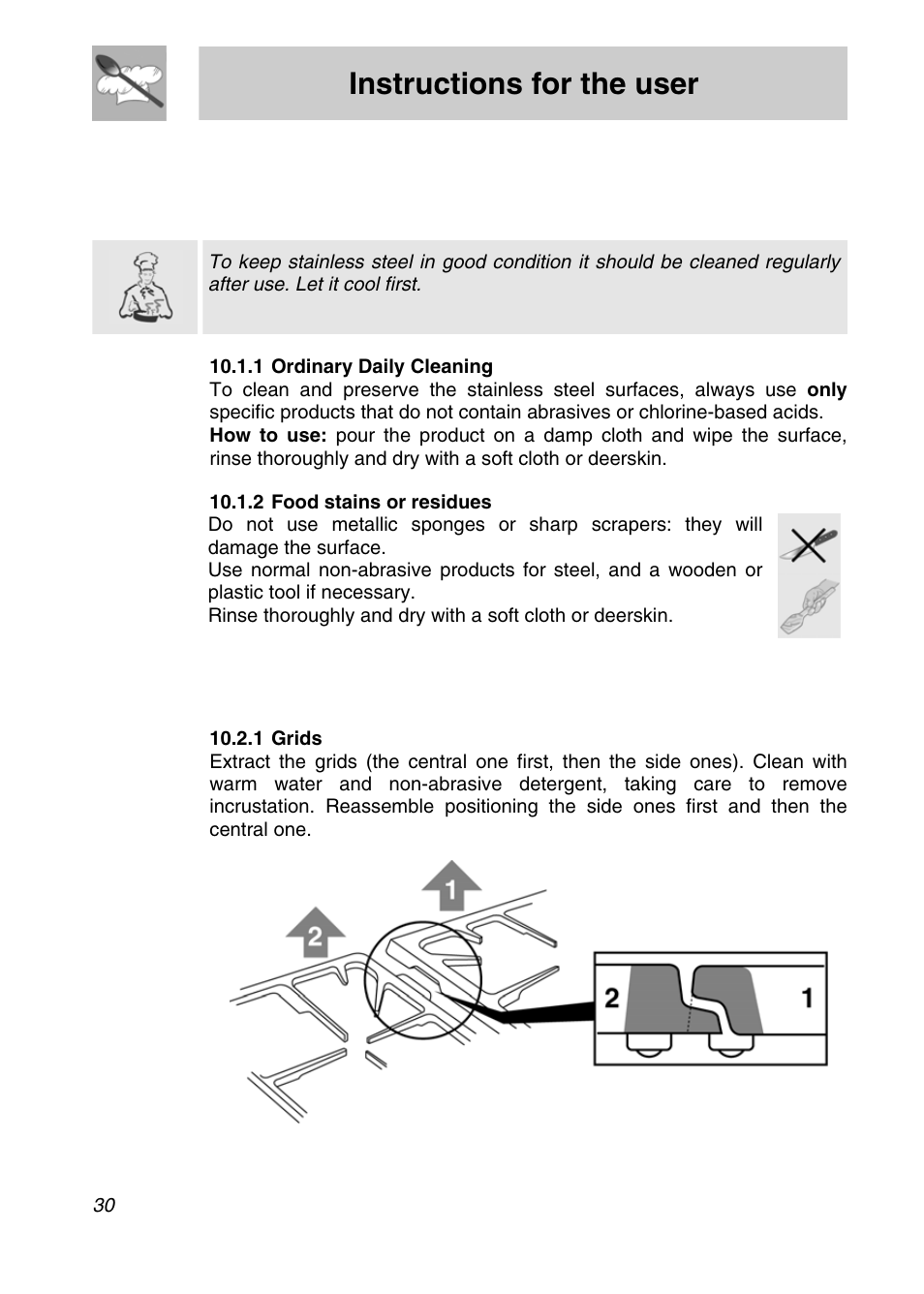 Instructions for the user, Cleaning and maintenance, 1 cleaning stainless steel | 2 cleaning of the hob components | Smeg CSA19ID-6 User Manual | Page 28 / 32