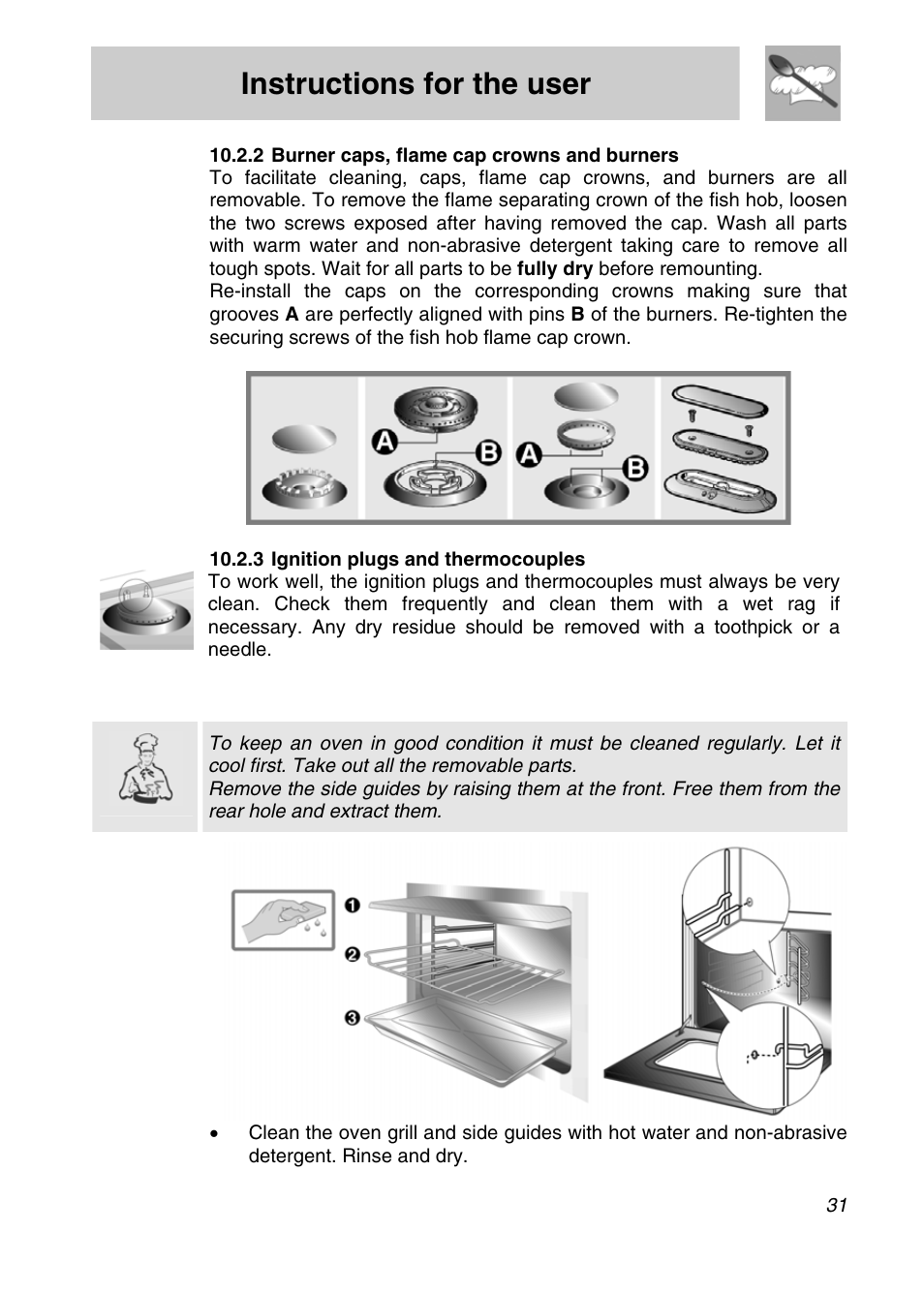 Instructions for the user, 3 cleaning of ovens (without self-cleaning panels) | Smeg CSA19ID-6 User Manual | Page 29 / 32