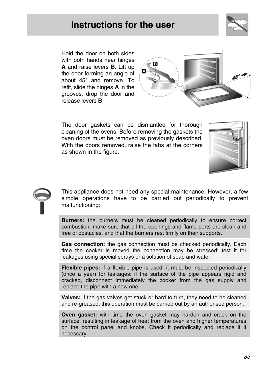 Instructions for the user, 2 dismantling of the doors, 3 oven door gaskets | 4 preventive maintenance | Smeg CSA19ID-6 User Manual | Page 31 / 32