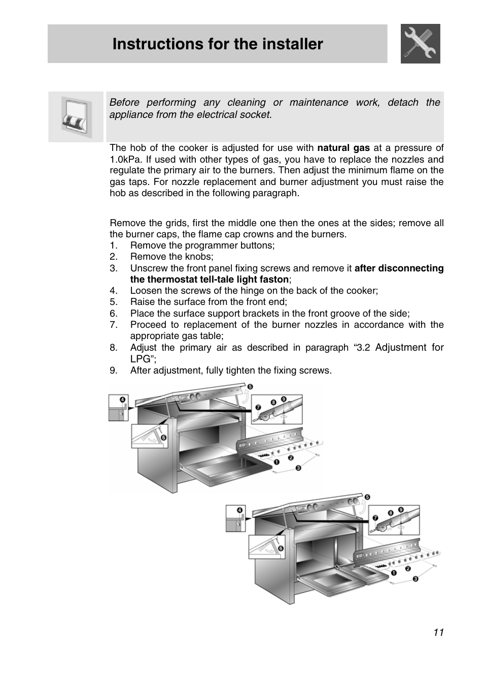 Instructions for the installer, Adaptation to different types of gas, 1 raising of the hob | Smeg CSA19ID-6 User Manual | Page 9 / 32