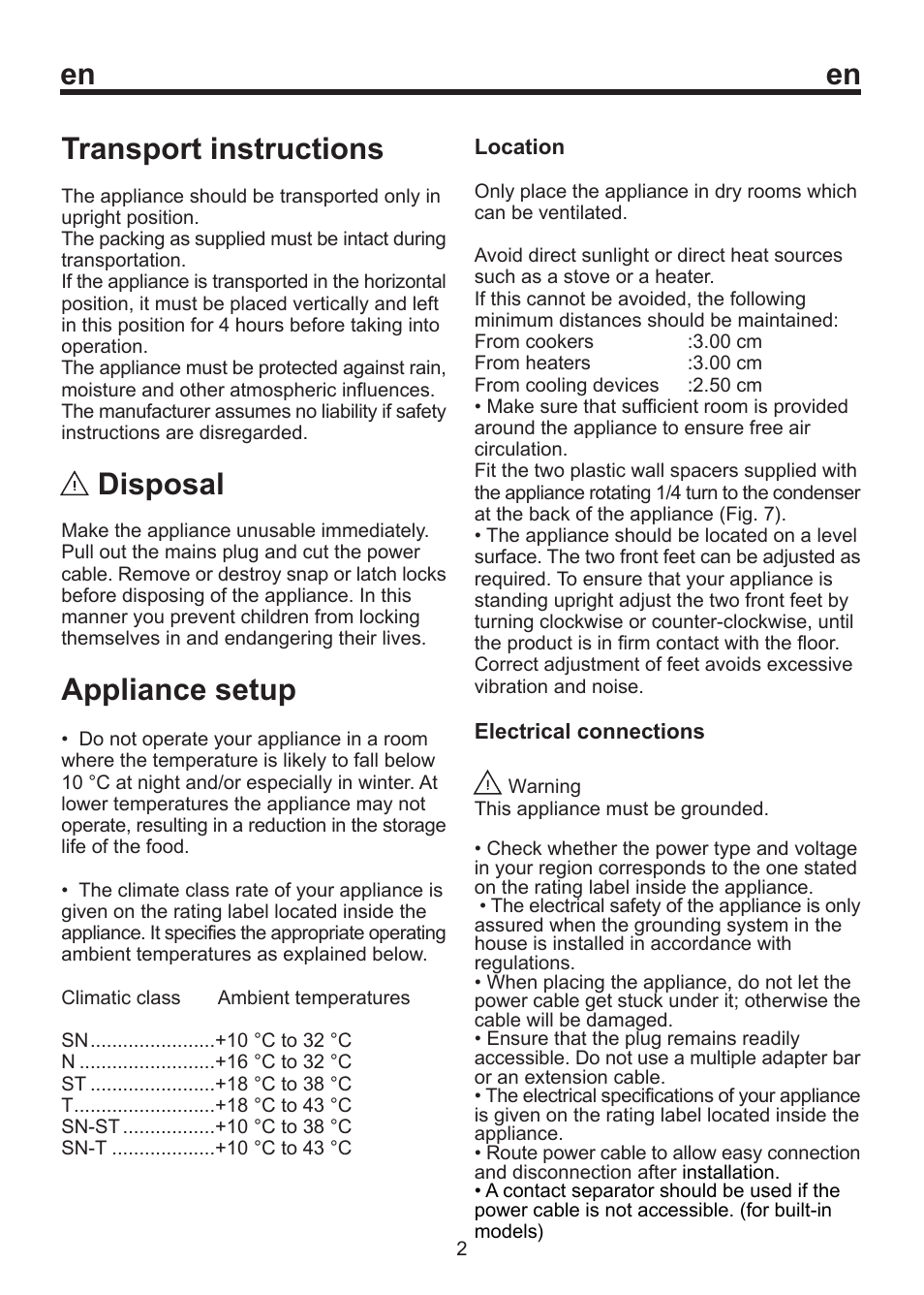 Transport instructions, Disposal, Appliance setup | Smeg CV 270 AP User Manual | Page 7 / 14