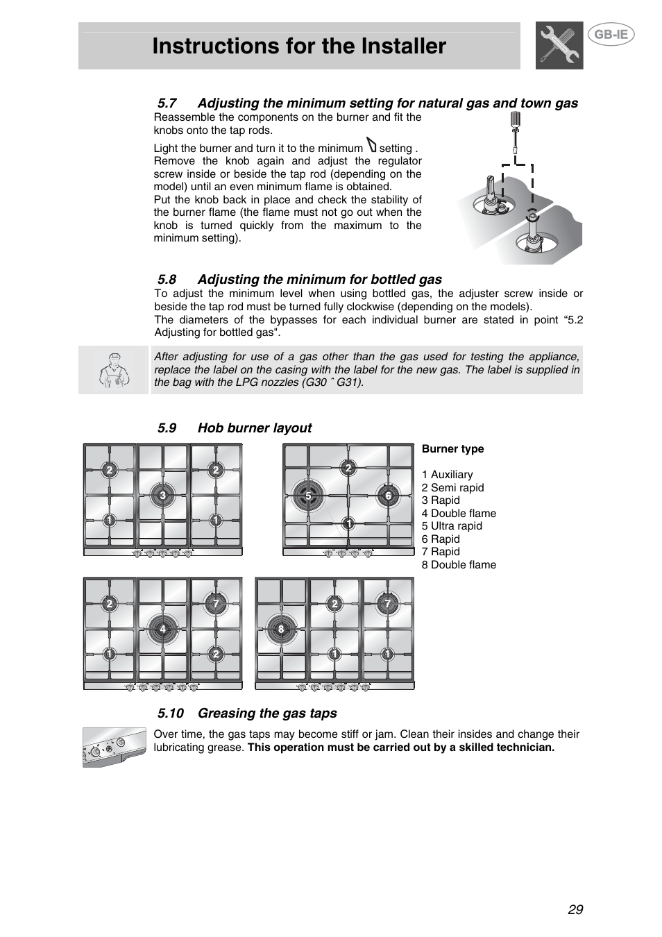 8 adjusting the minimum for bottled gas, 9 hob burner layout, 10 greasing the gas taps | Adjusting the minimum for bottled gas, Hob burner layout, Greasing the gas taps, Instructions for the installer | Smeg GKL64-3 User Manual | Page 11 / 15