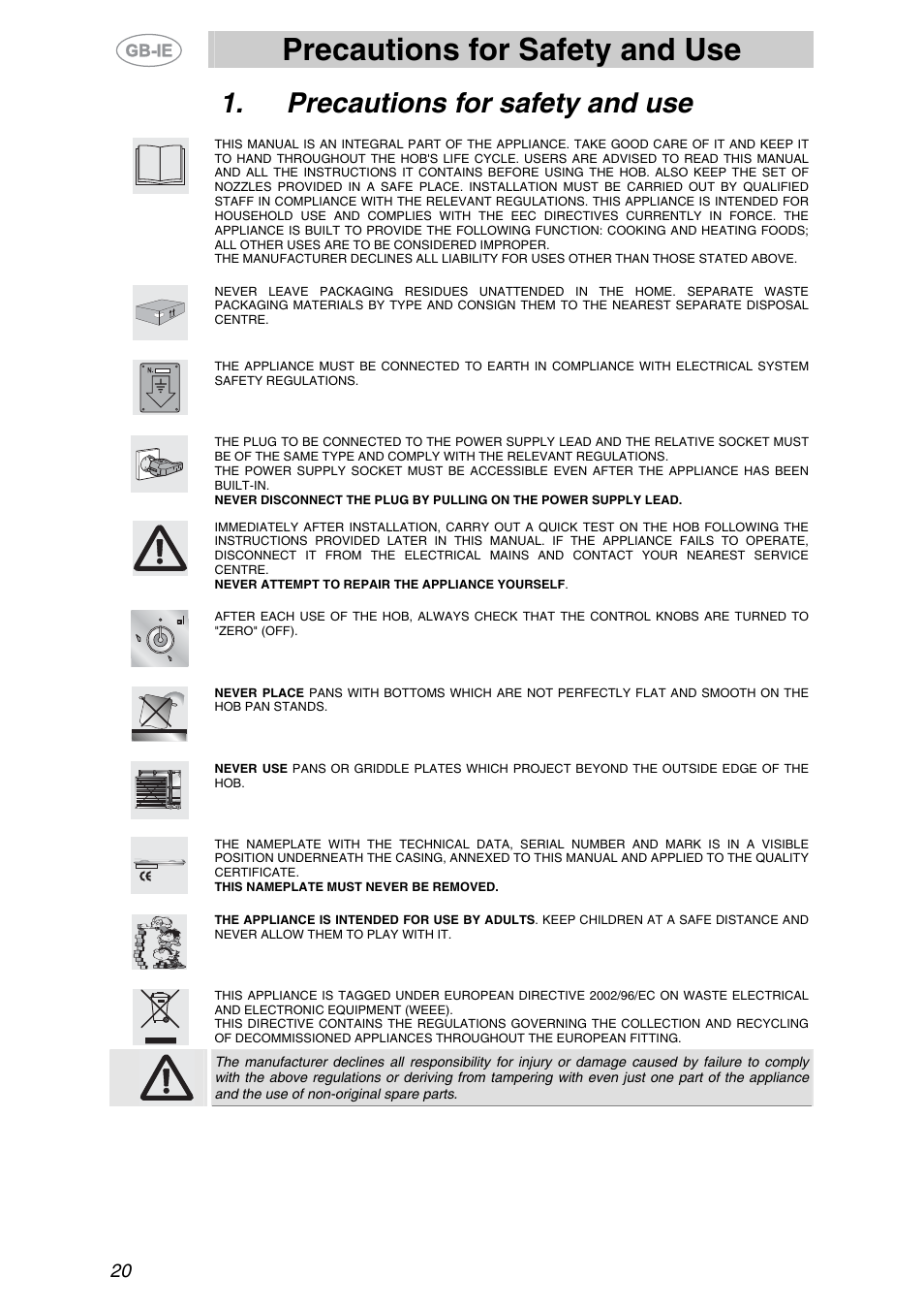 Precautions for safety and use | Smeg GKL64-3 User Manual | Page 2 / 15