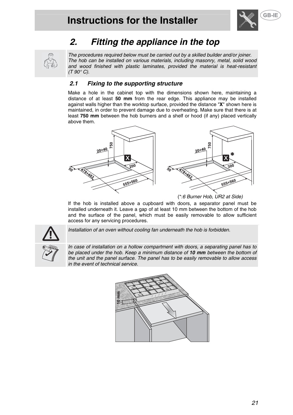 Fitting the appliance in the top, 1 fixing to the supporting structure, Fixing to the supporting structure | Instructions for the installer | Smeg GKL64-3 User Manual | Page 3 / 15