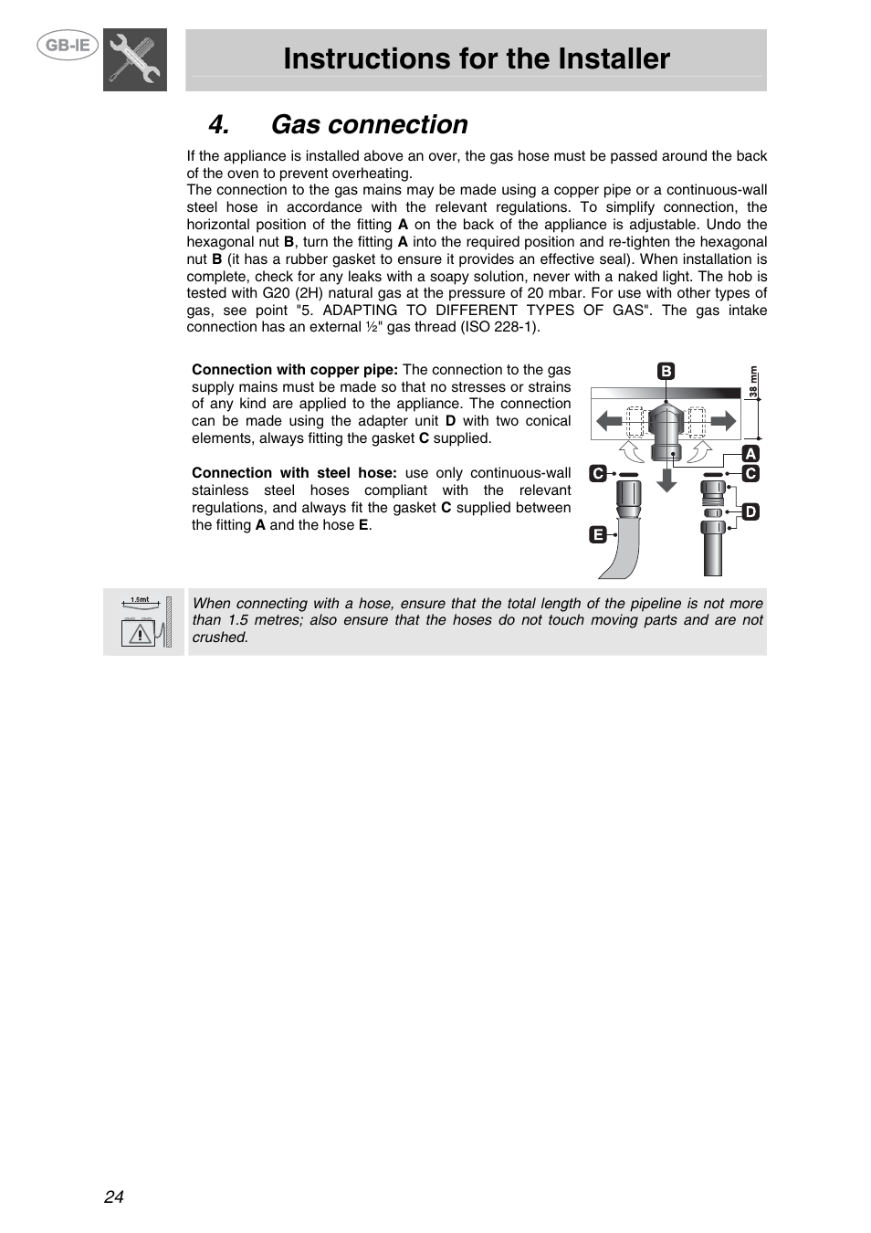 Gas connection, Instructions for the installer | Smeg GKL64-3 User Manual | Page 6 / 15