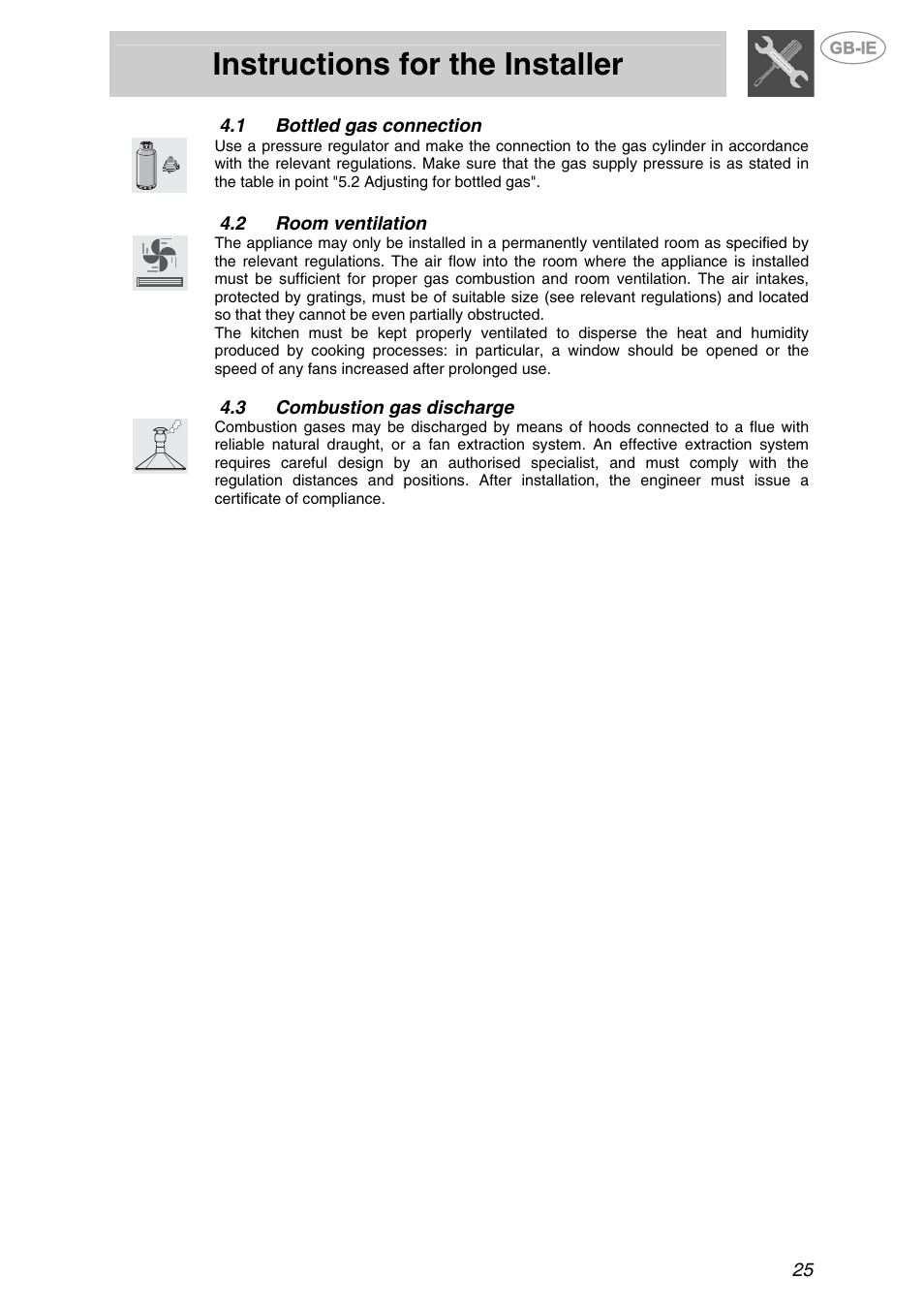 1 bottled gas connection, 2 room ventilation, 3 combustion gas discharge | Bottled gas connection, Room ventilation, Combustion gas discharge, Instructions for the installer | Smeg GKL64-3 User Manual | Page 7 / 15