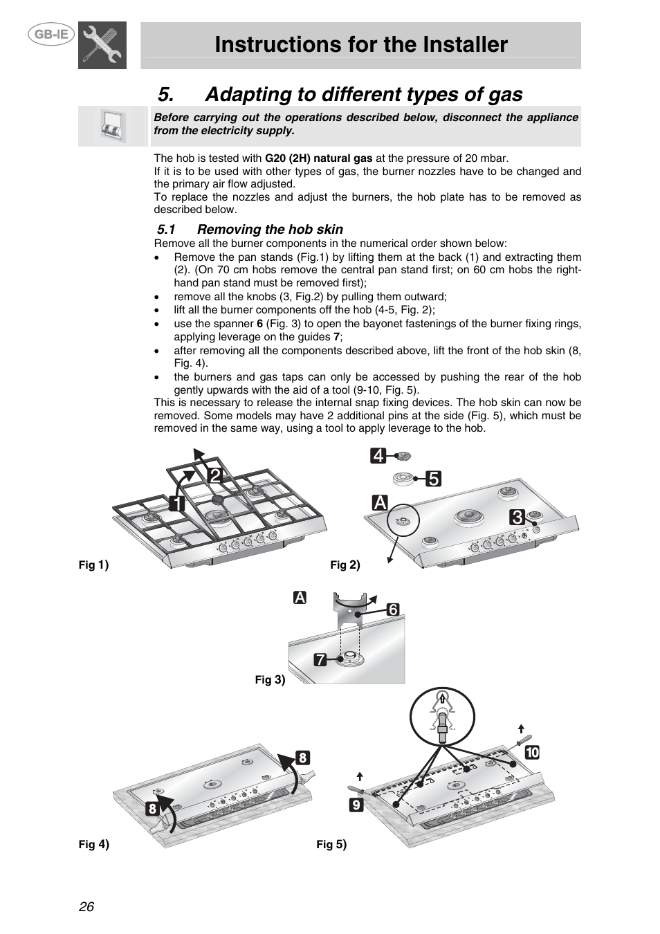 Adapting to different types of gas, 1 removing the hob skin, Removing the hob skin | Instructions for the installer | Smeg GKL64-3 User Manual | Page 8 / 15