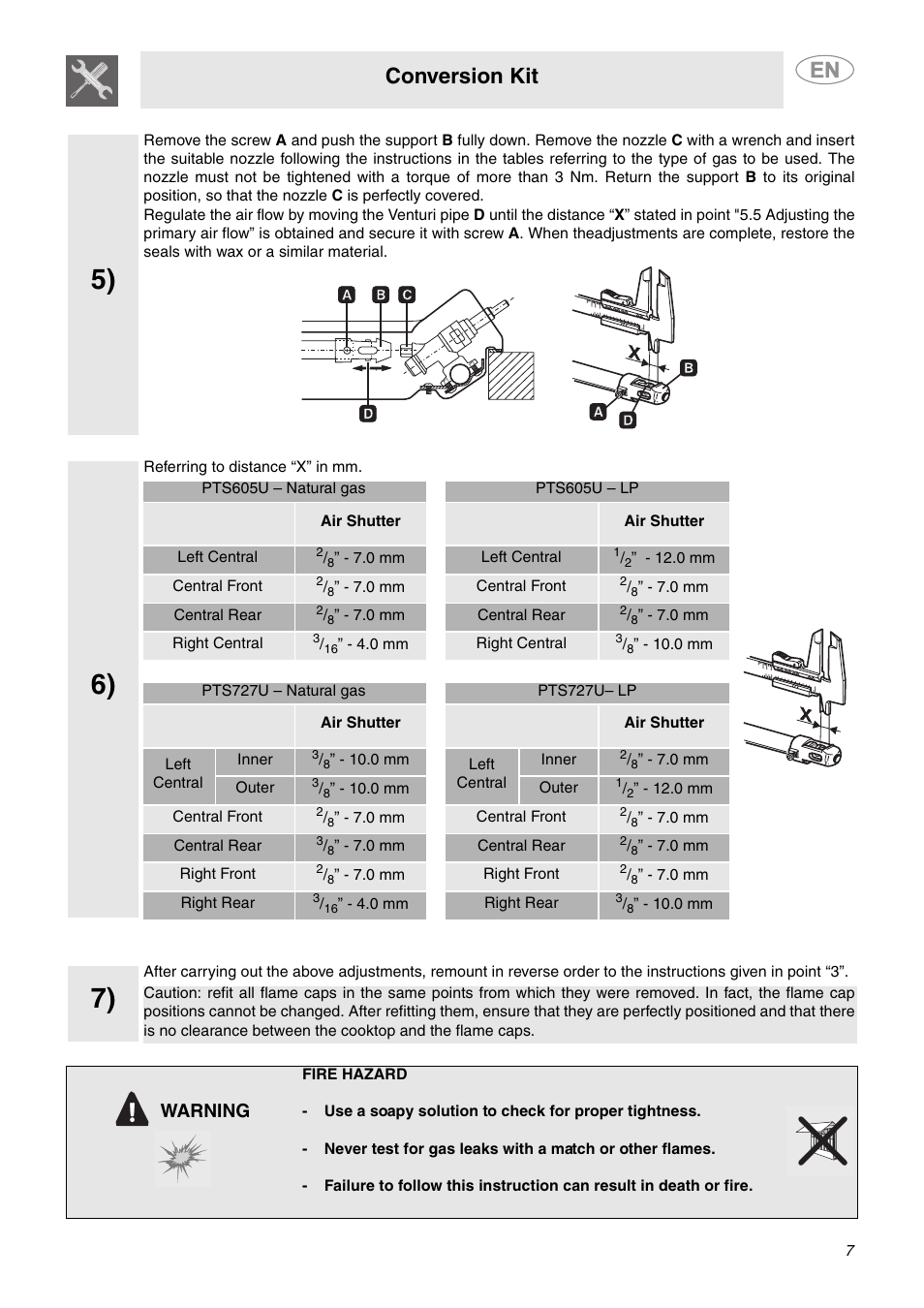 Conversion kit, Warning | Smeg PTS605BU3 User Manual | Page 5 / 6