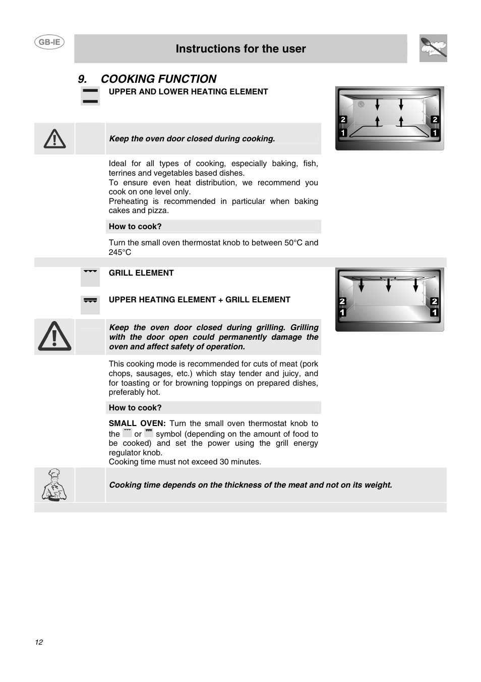 Instructions for the user, Cooking function | Smeg CC62MFX5 User Manual | Page 10 / 24