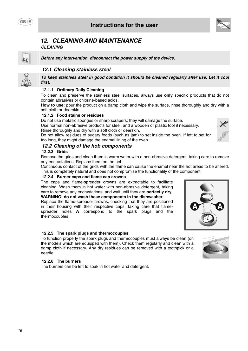 Instructions for the user, Cleaning and maintenance | Smeg CC62MFX5 User Manual | Page 14 / 24