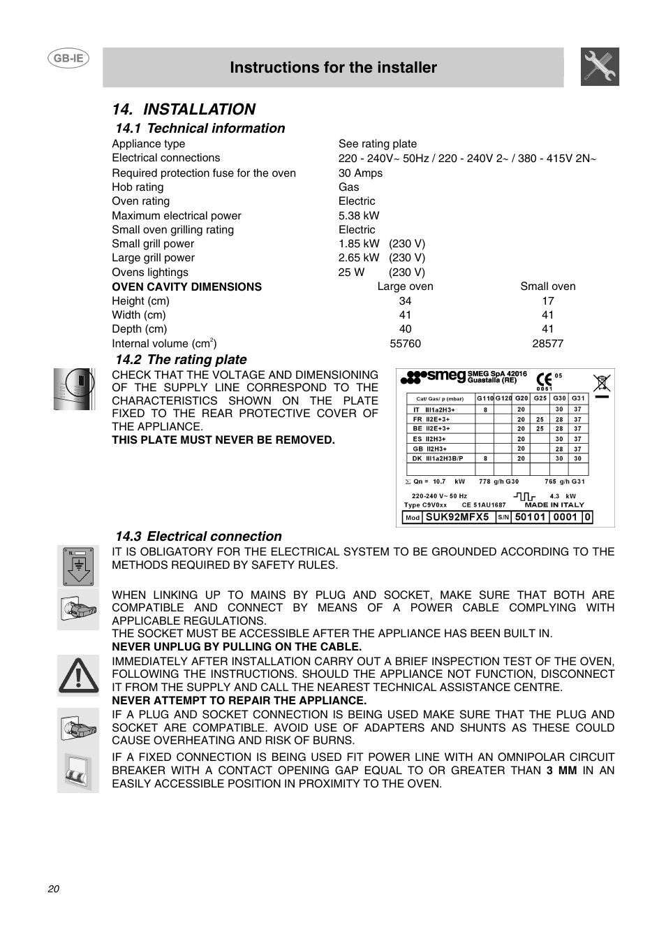 Instructions for the installer, Installation | Smeg CC62MFX5 User Manual | Page 18 / 24