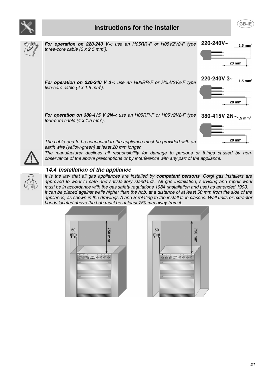 Instructions for the installer, 4 installation of the appliance | Smeg CC62MFX5 User Manual | Page 19 / 24