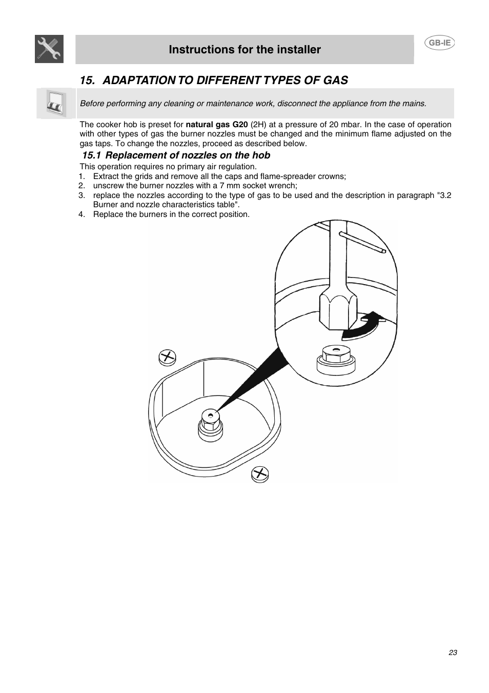 Instructions for the installer, Adaptation to different types of gas | Smeg CC62MFX5 User Manual | Page 21 / 24