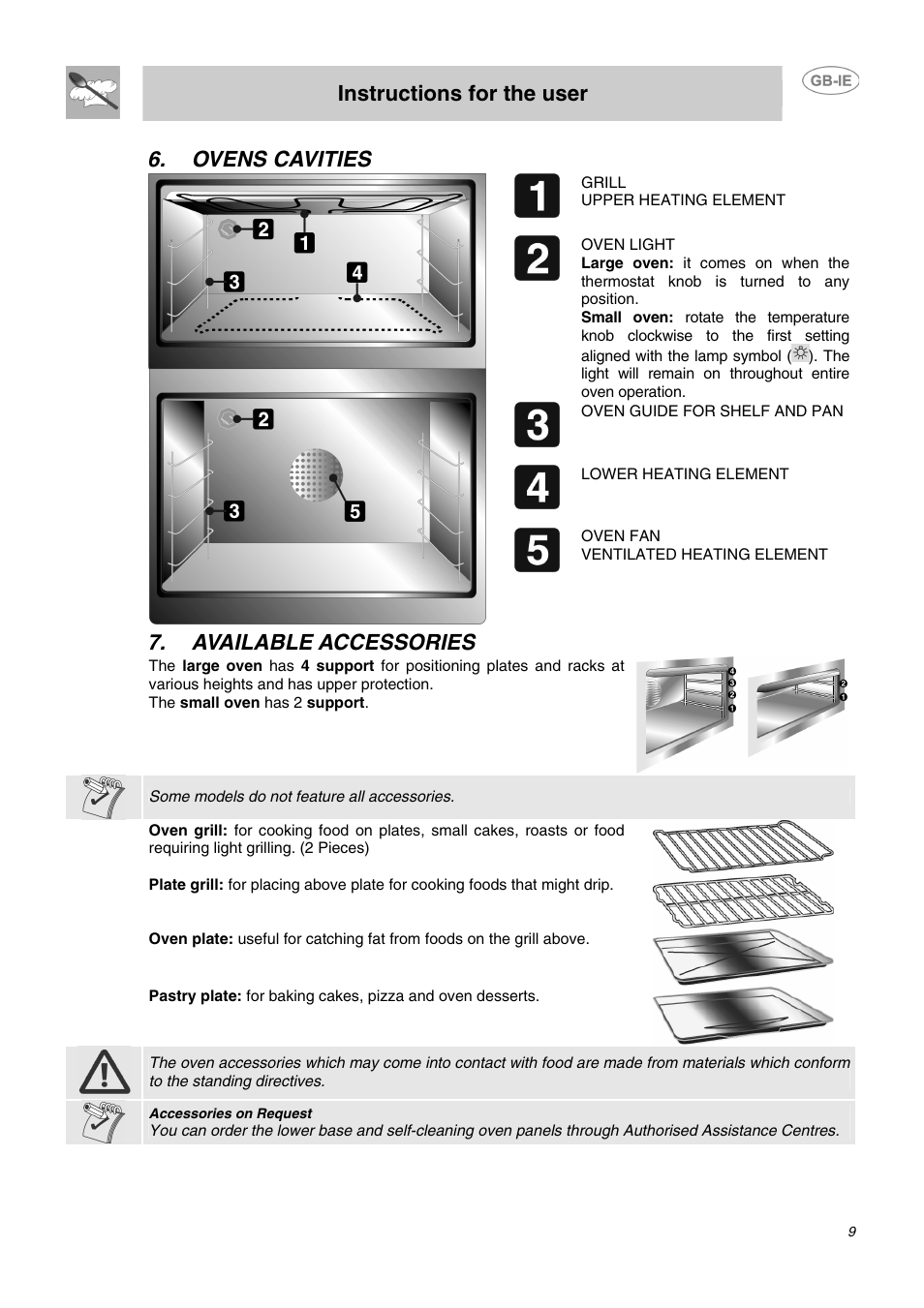 Instructions for the user, Ovens cavities, Available accessories | Smeg CC62MFX5 User Manual | Page 7 / 24