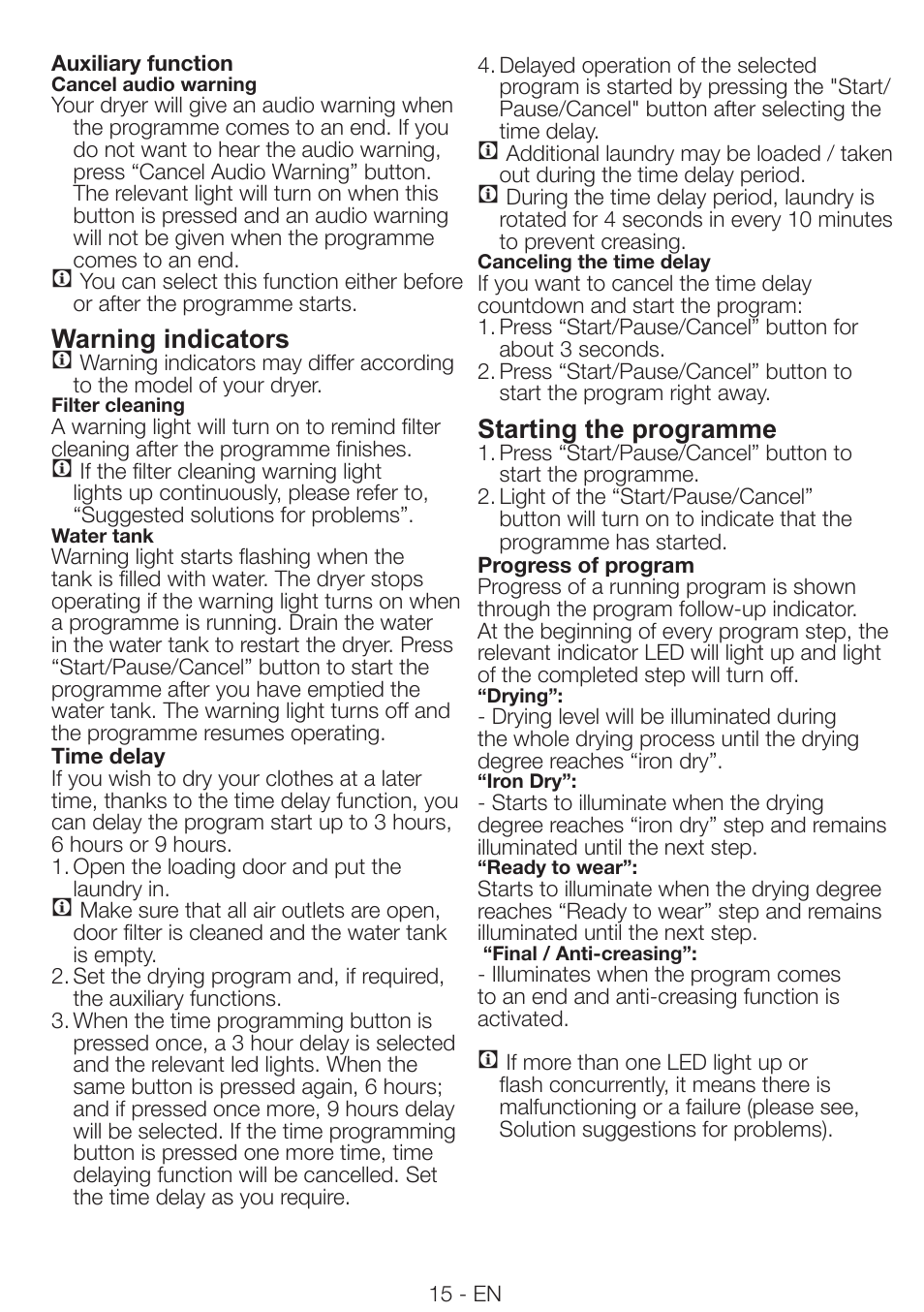 Warning indicators c, Starting the programme | Smeg AS73CES User Manual | Page 15 / 23