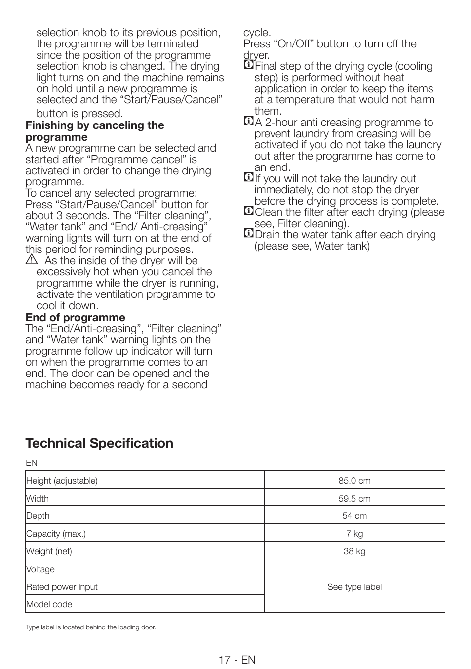 Technical specification | Smeg AS73CES User Manual | Page 17 / 23