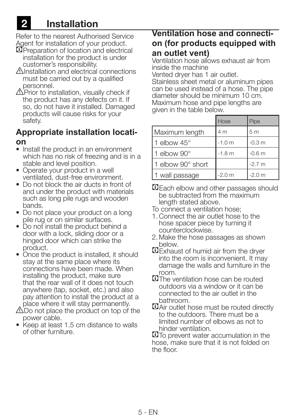Installation, Appropriate installation locati- on | Smeg AS73CES User Manual | Page 5 / 23