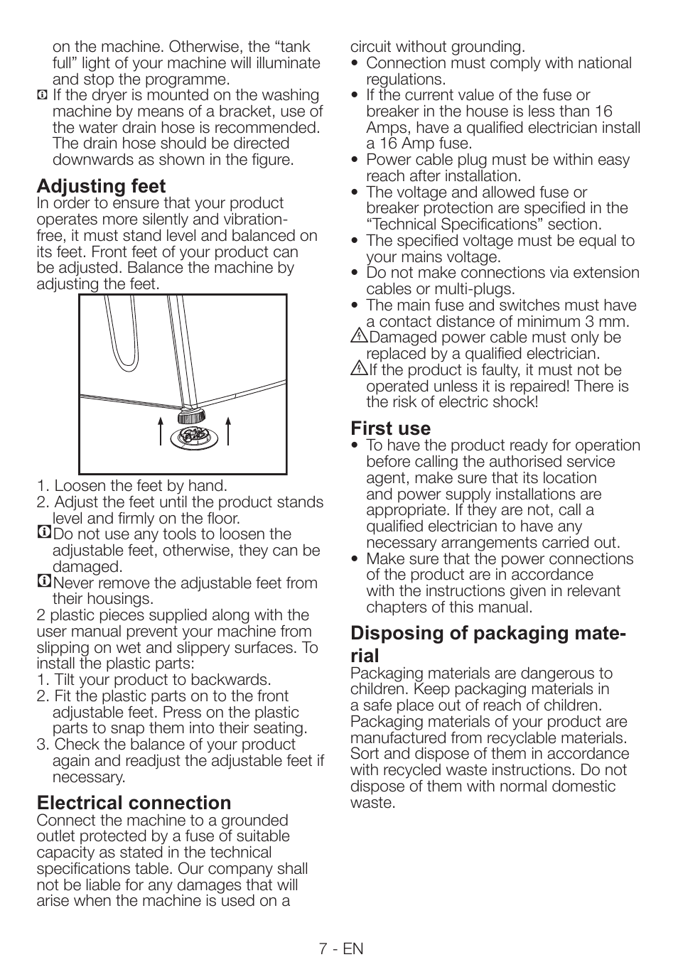 Adjusting feet, Electrical connection, First use | Disposing of packaging mate- rial | Smeg AS73CES User Manual | Page 7 / 23
