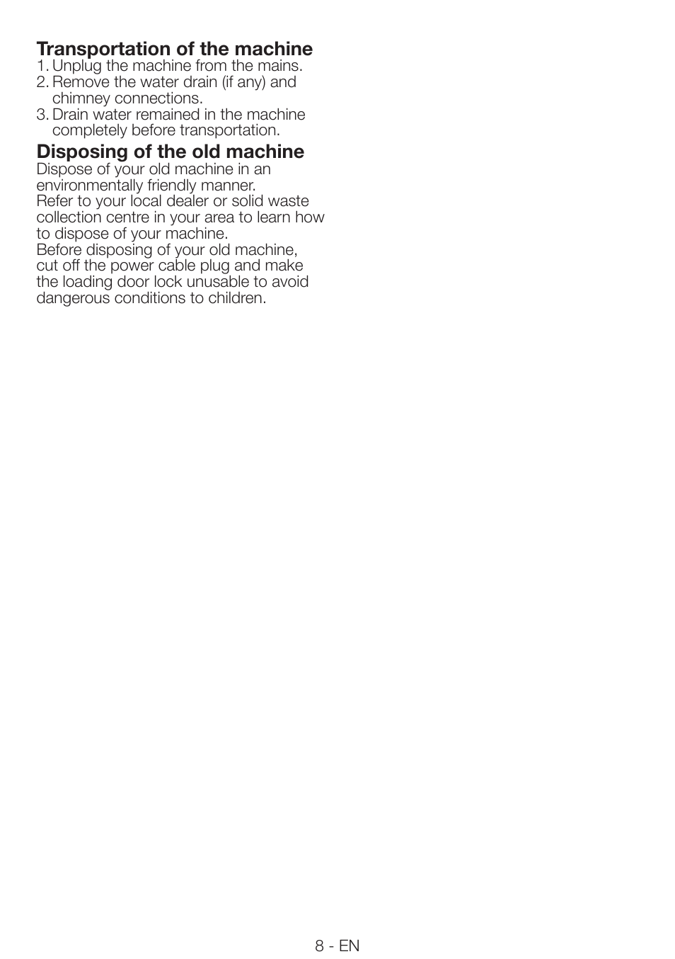 Transportation of the machine, Disposing of the old machine | Smeg AS73CES User Manual | Page 8 / 23