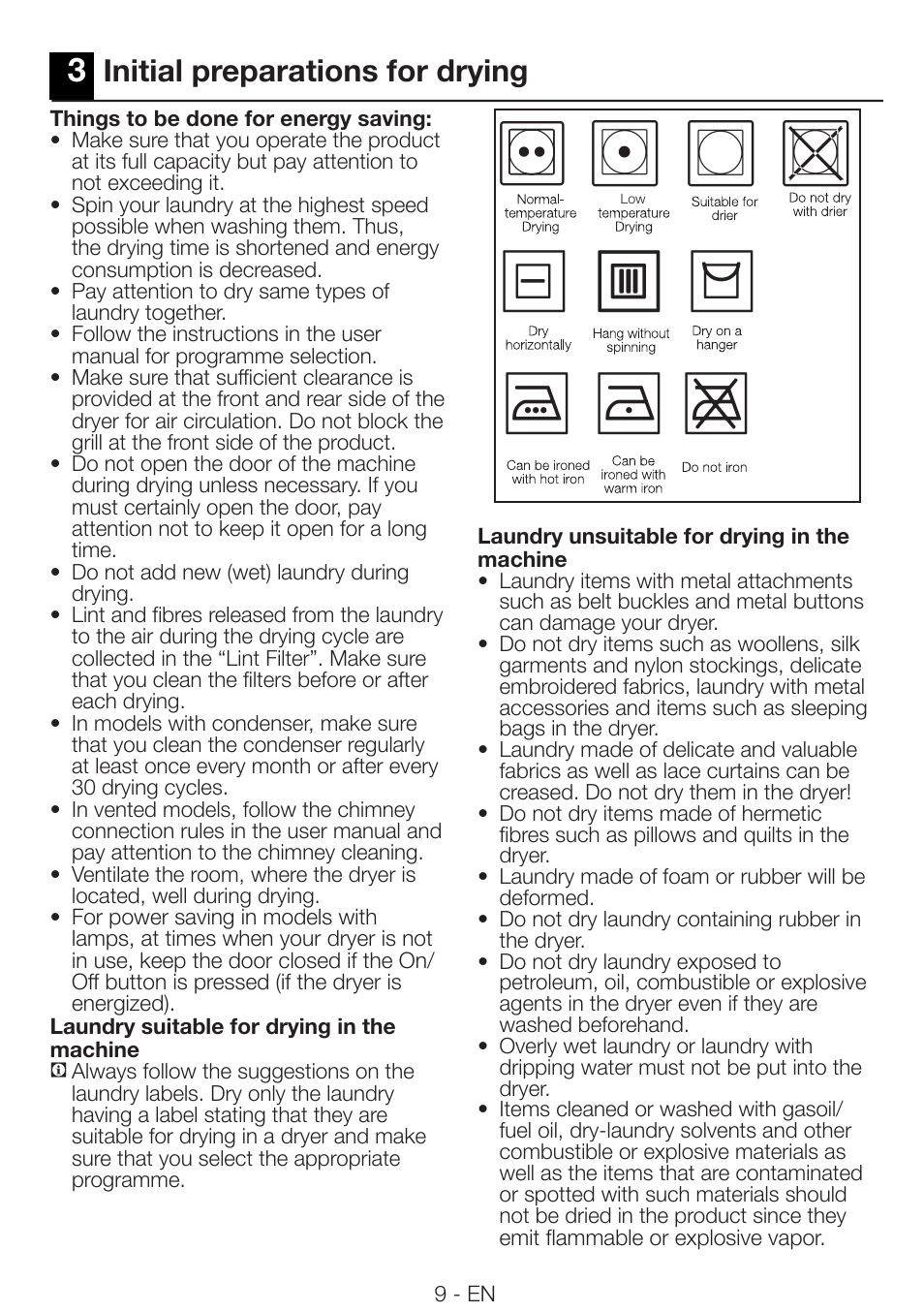 Initial preparations for drying | Smeg AS73CES User Manual | Page 9 / 23