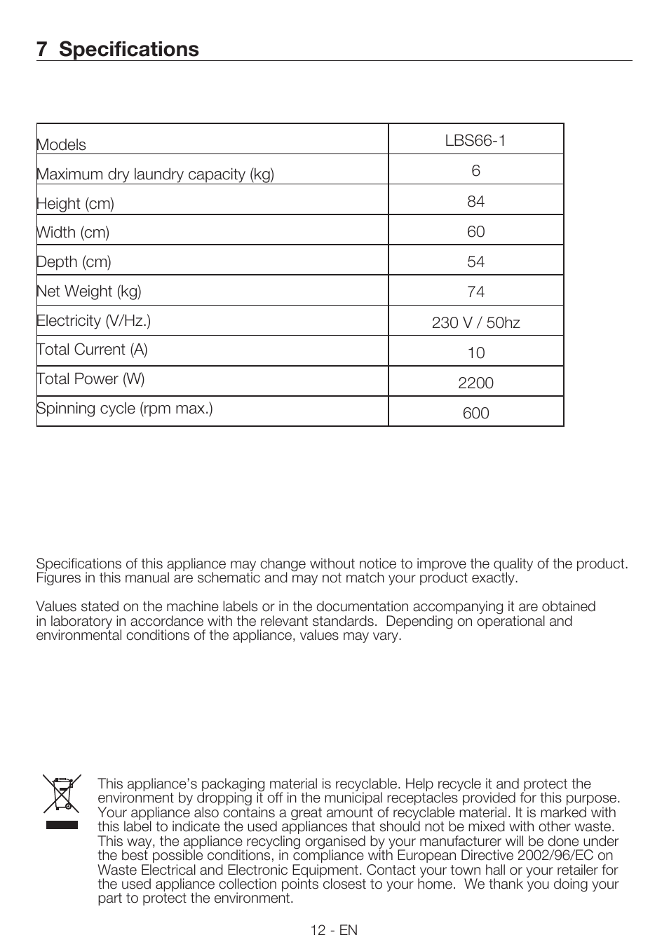 7 specifications | Smeg LBS66-1 User Manual | Page 12 / 12