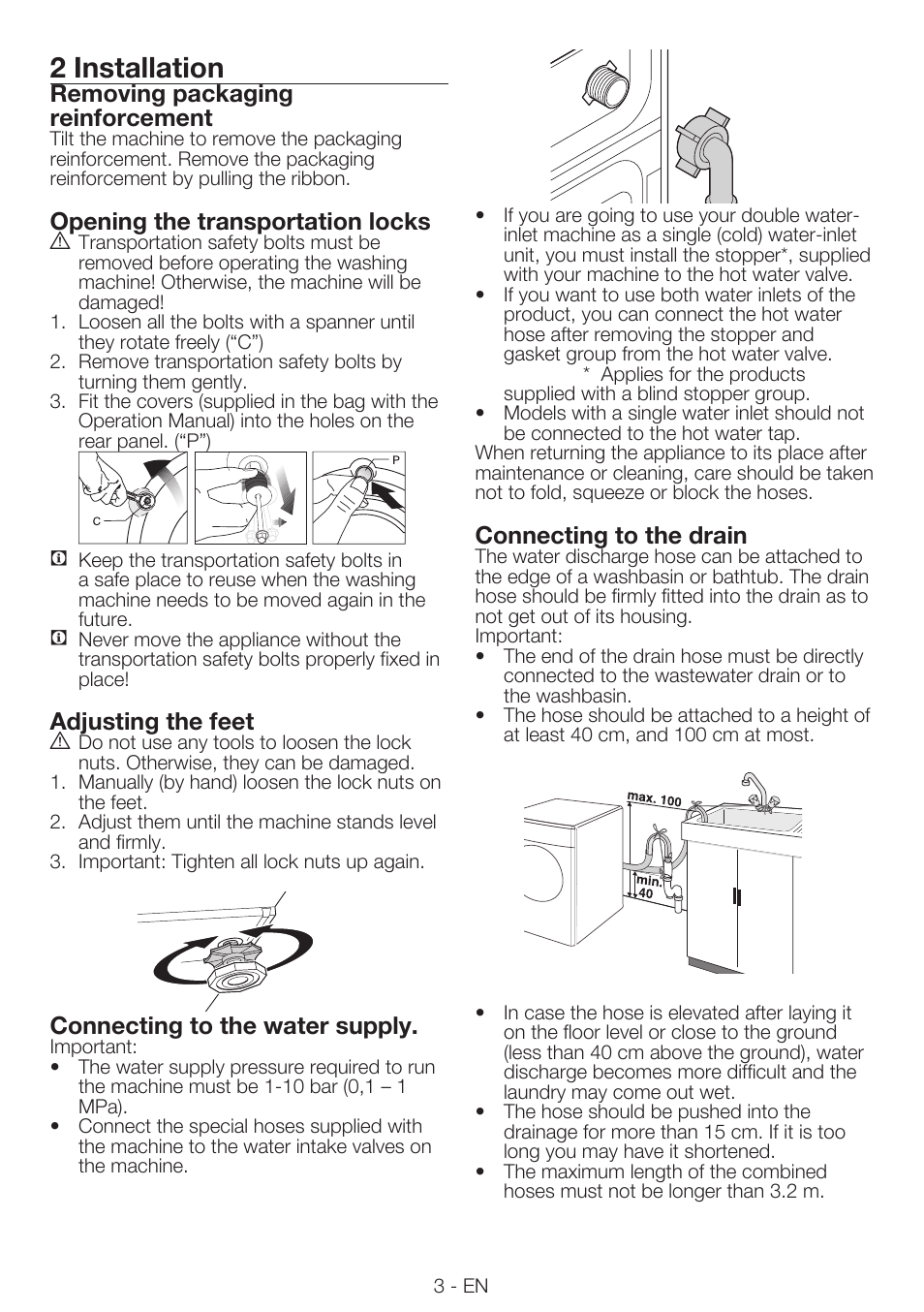 2 installation, Removing packaging reinforcement, Opening the transportation locks | Adjusting the feet, Connecting to the water supply, Connecting to the drain | Smeg LBS66-1 User Manual | Page 3 / 12