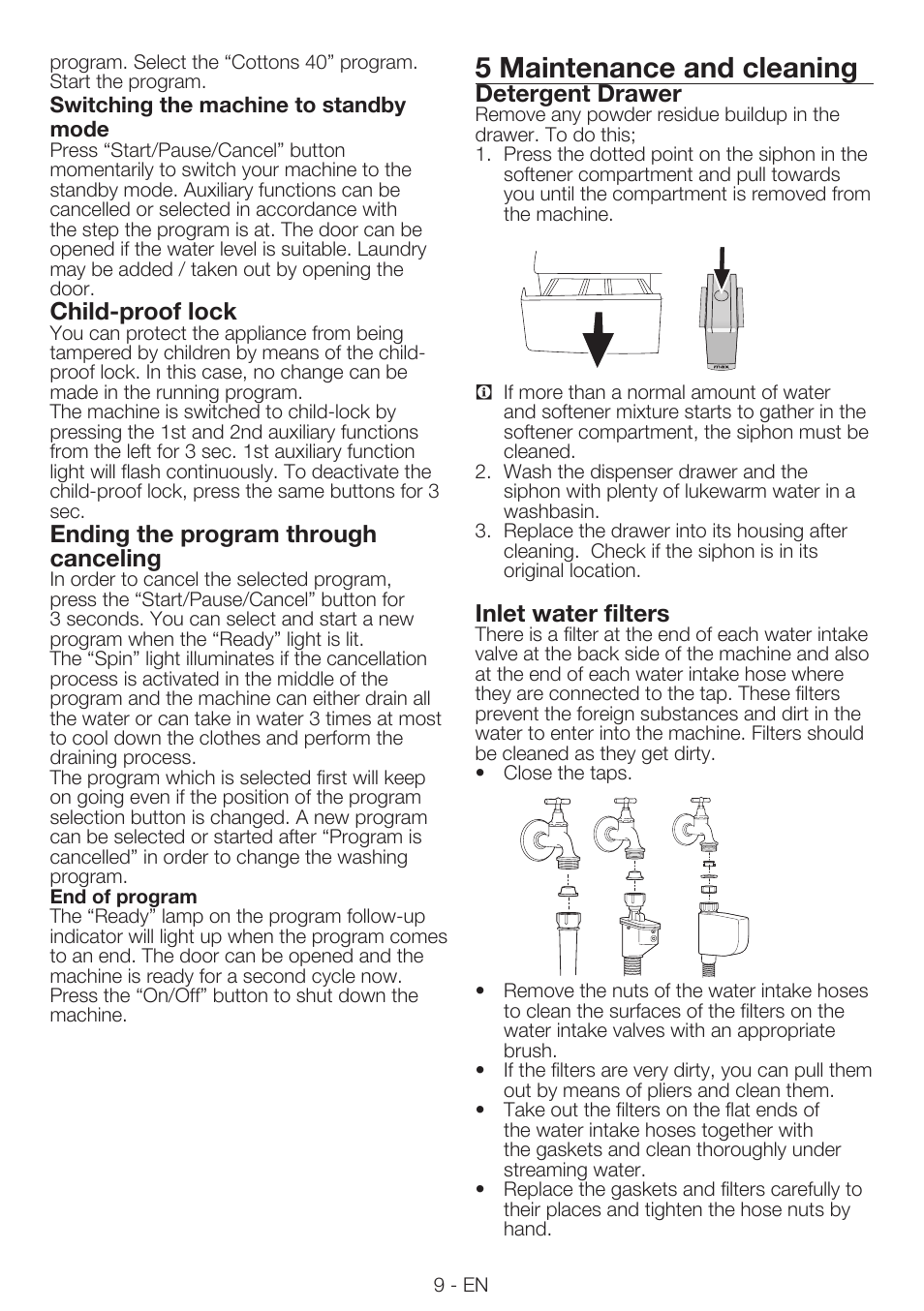 5 maintenance and cleaning, Child-proof lock, Ending the program through canceling | Detergent drawer, Inlet water filters | Smeg LBS66-1 User Manual | Page 9 / 12