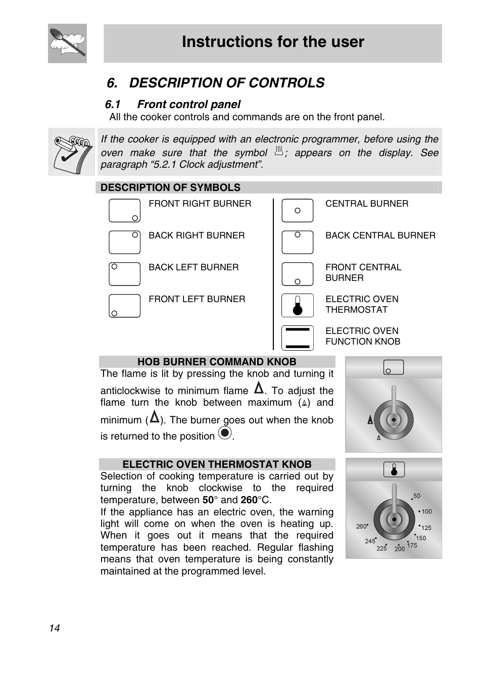 Description of controls, 1 front control panel, Instructions for the user | Smeg SA9065XS User Manual | Page 12 / 36