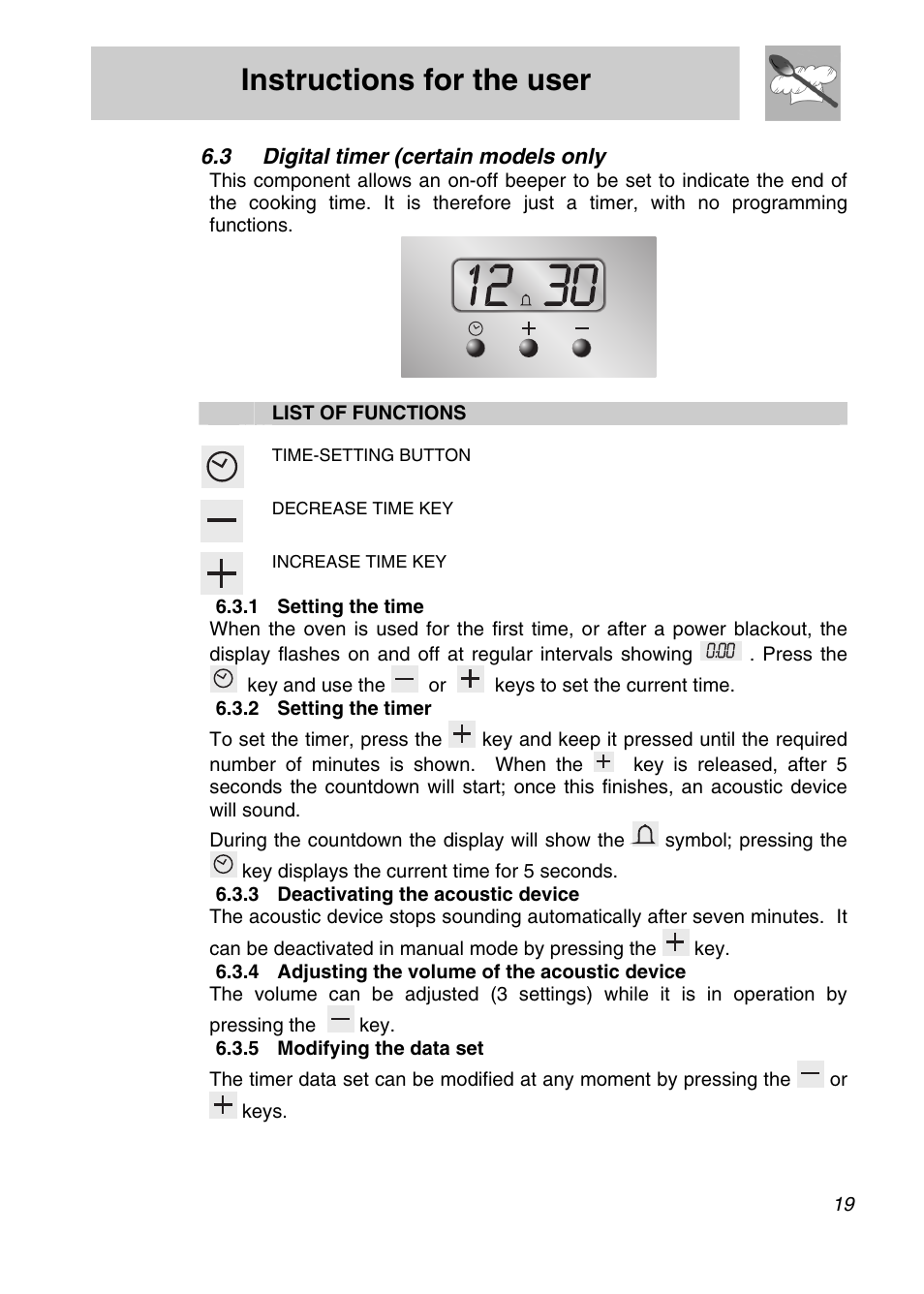 Digital timer (certain models only, 1 setting the time, 2 setting the timer | 3 deactivating the acoustic device, 4 adjusting the volume of the acoustic device, 5 modifying the data set, Instructions for the user | Smeg SA9065XS User Manual | Page 17 / 36