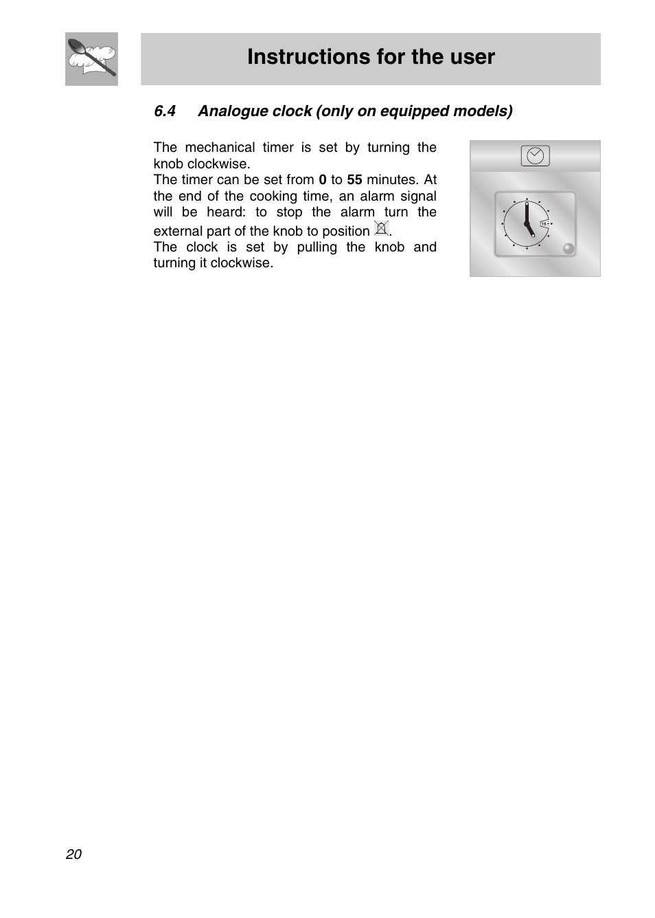4 analogue clock (only on equipped models), Instructions for the user | Smeg SA9065XS User Manual | Page 18 / 36