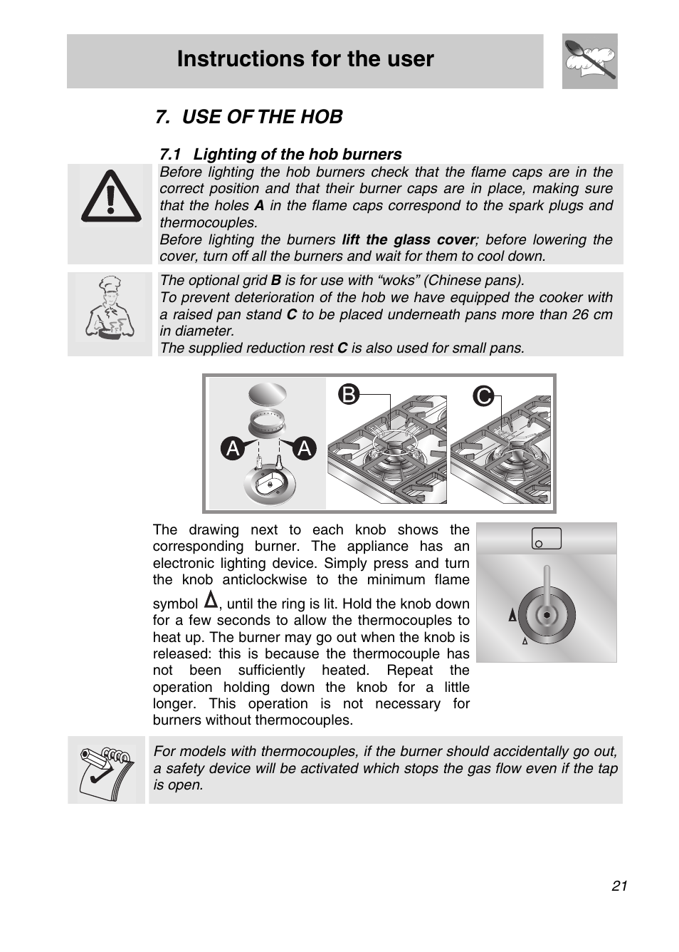 Use of the hob, 1 lighting of the hob burners, Instructions for the user | Smeg SA9065XS User Manual | Page 19 / 36