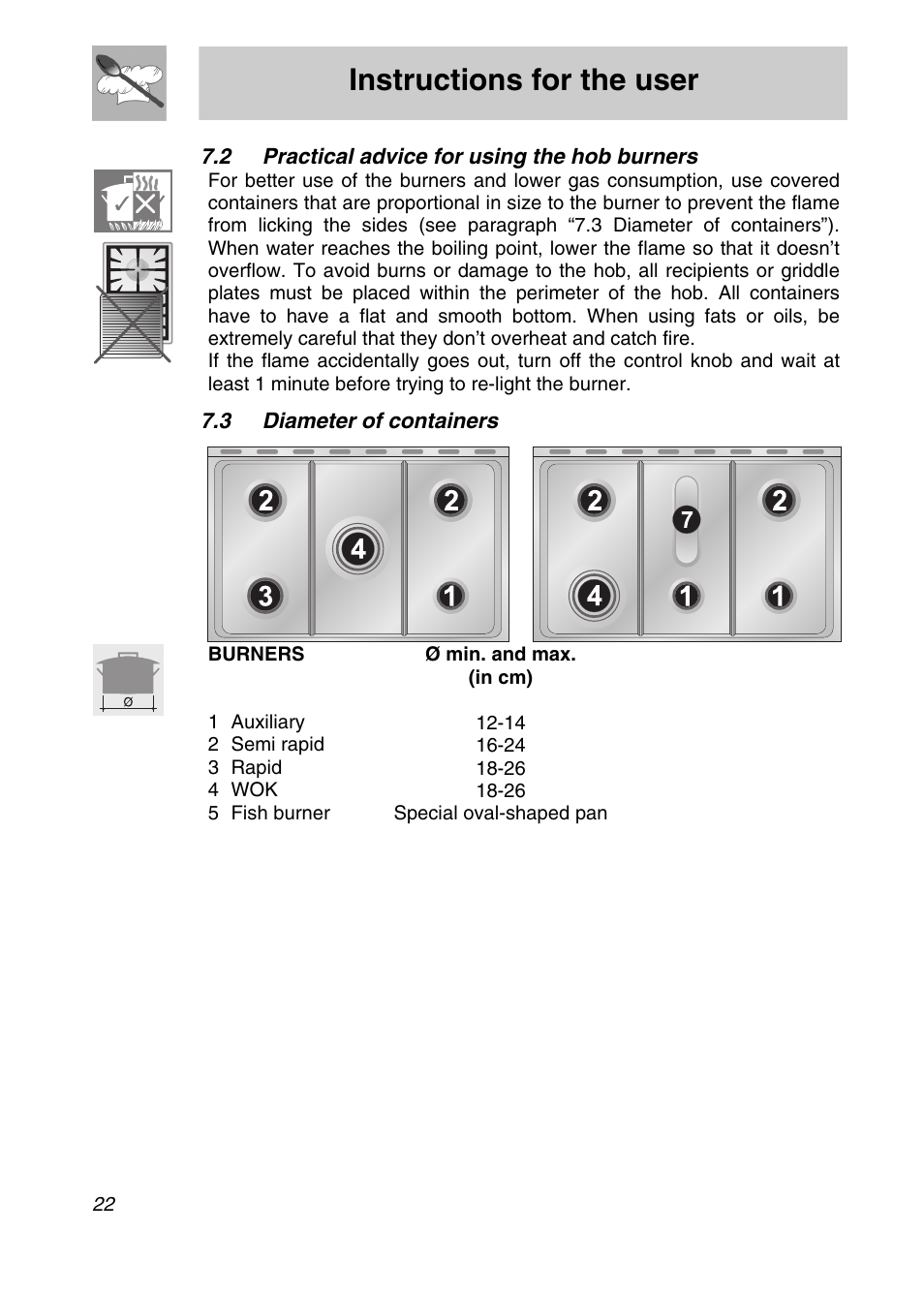 2 practical advice for using the hob burners, 3 diameter of containers, Instructions for the user | Smeg SA9065XS User Manual | Page 20 / 36