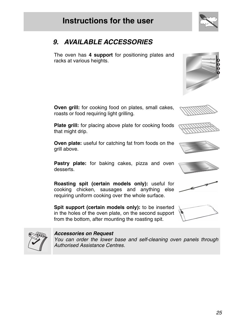 Available accessories, Instructions for the user | Smeg SA9065XS User Manual | Page 23 / 36