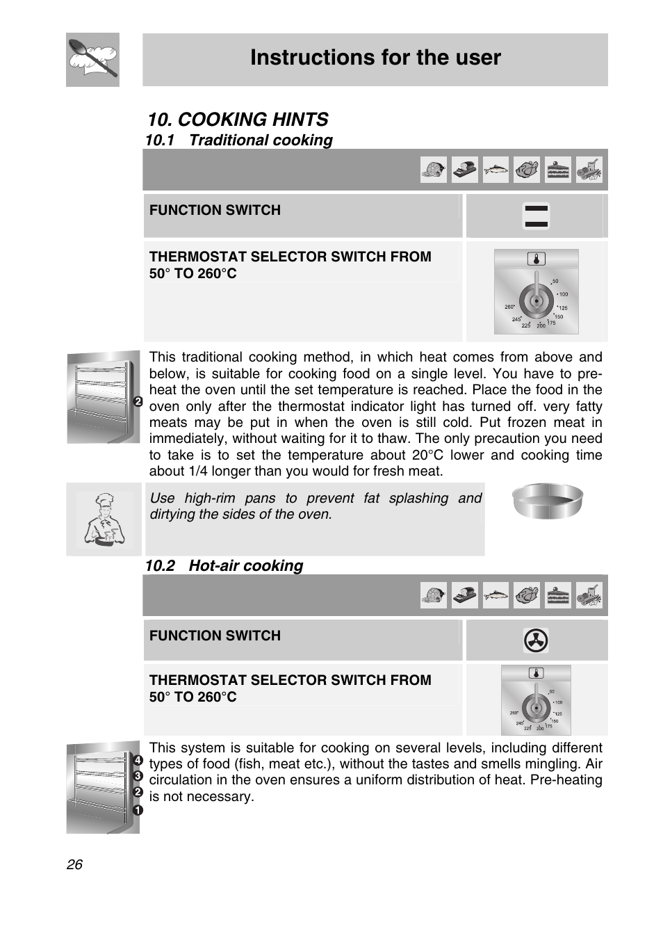 Cooking hints, 1 traditional cooking, 2 hot-air cooking | Instructions for the user, Function switch | Smeg SA9065XS User Manual | Page 24 / 36