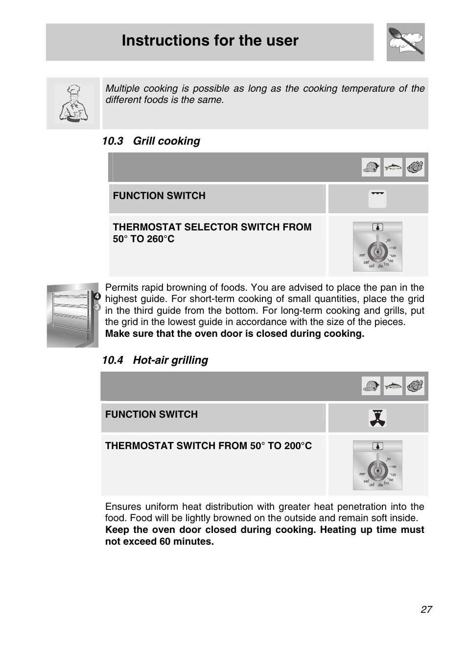 3 grill cooking, 4 hot-air grilling, Instructions for the user | Function switch | Smeg SA9065XS User Manual | Page 25 / 36