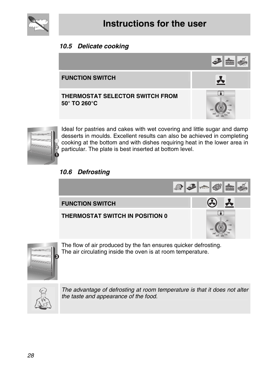 Delicate cooking, 6 defrosting, Instructions for the user | 5 delicate cooking, Function switch, Thermostat switch in position 0 | Smeg SA9065XS User Manual | Page 26 / 36