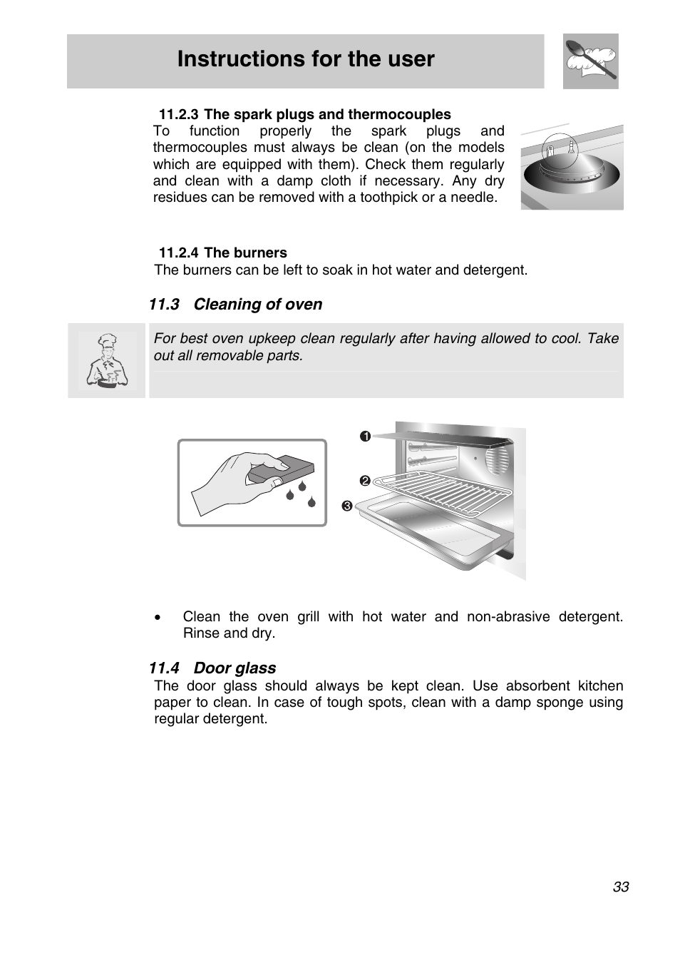 3 the spark plugs and thermocouples, 4 the burners, 3 cleaning of oven | 4 door glass, Instructions for the user | Smeg SA9065XS User Manual | Page 31 / 36