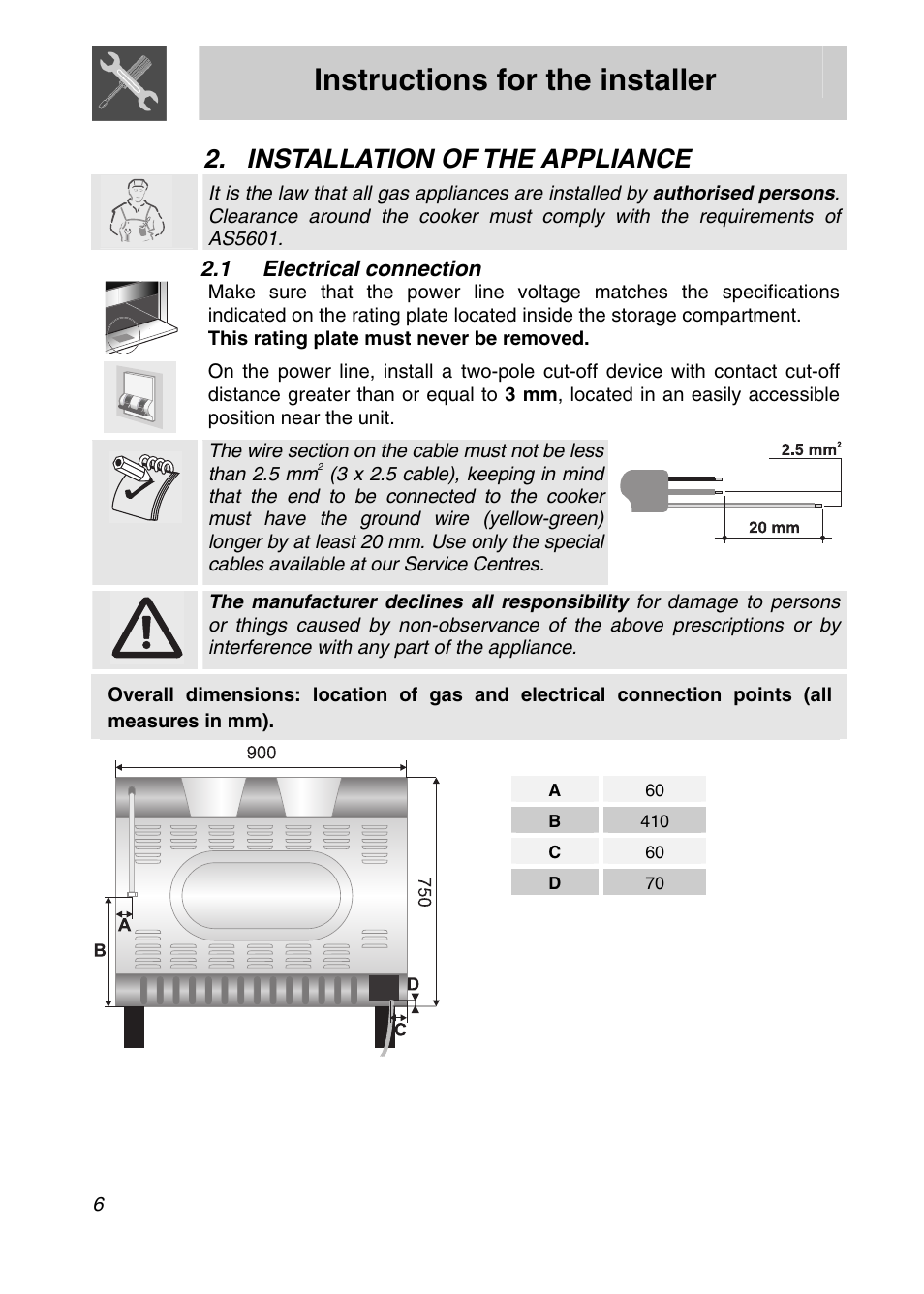 Installation of the appliance, 1 electrical connection, Instructions for the installer | Smeg SA9065XS User Manual | Page 4 / 36