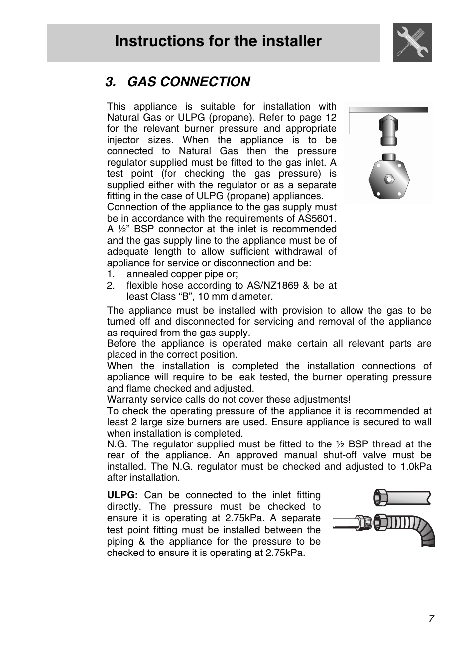 Gas connection, Instructions for the installer | Smeg SA9065XS User Manual | Page 5 / 36
