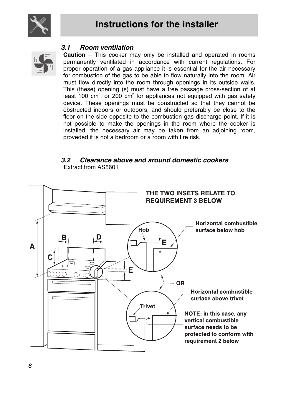 1 room ventilation, 2 clearance above and around domestic cookers, Instructions for the installer | Smeg SA9065XS User Manual | Page 6 / 36