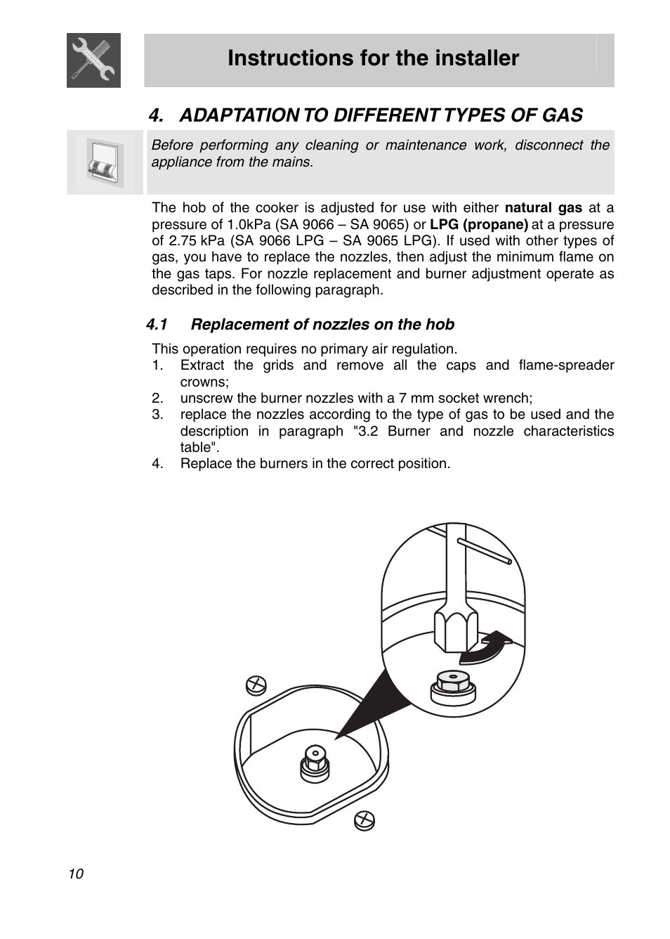 Adaptation to different types of gas, 1 replacement of nozzles on the hob, Instructions for the installer | Smeg SA9065XS User Manual | Page 8 / 36